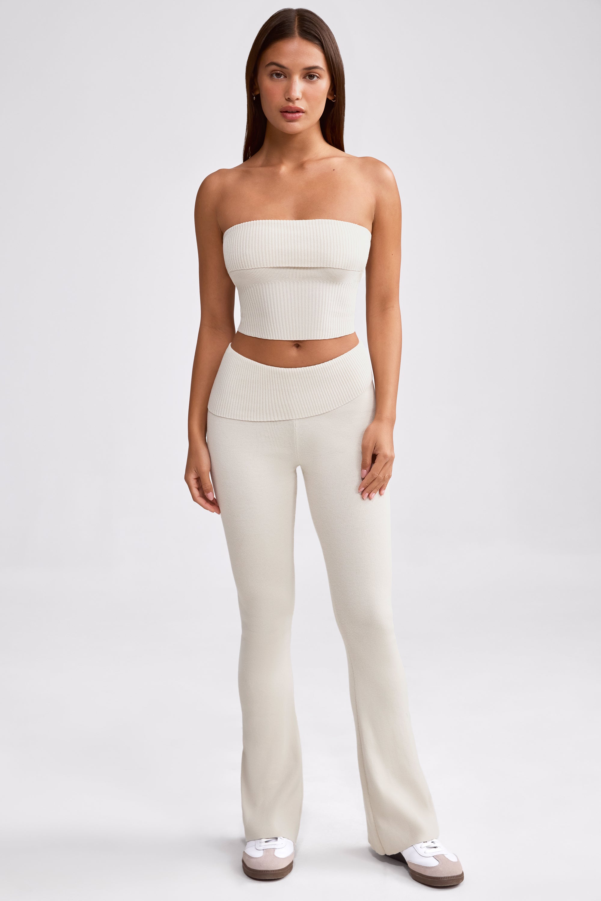 Chunky Knit Foldover Kick Flare Trousers in Cream