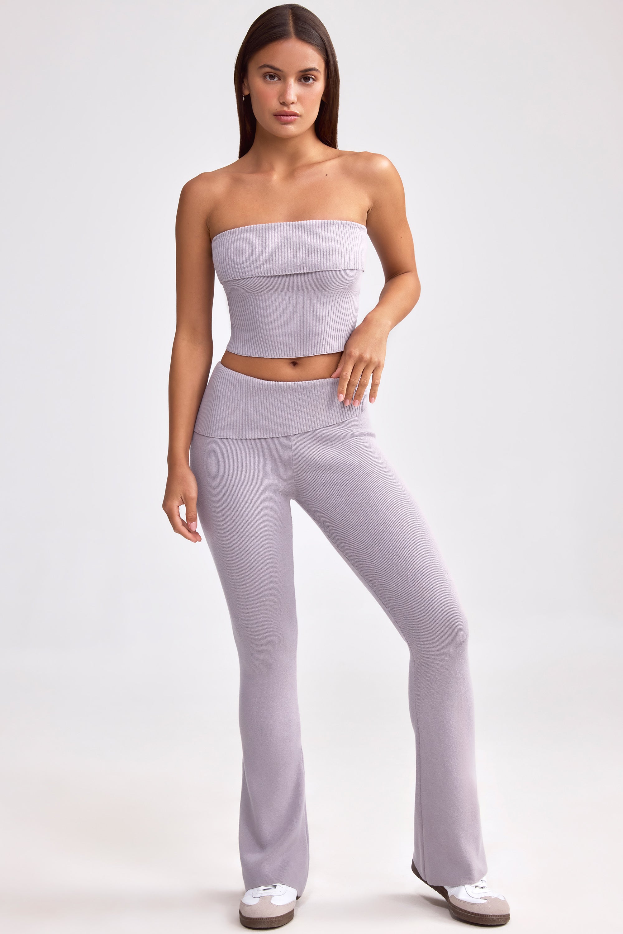 Chunky Knit Foldover Kick Flare Trousers in Dusty Lavender