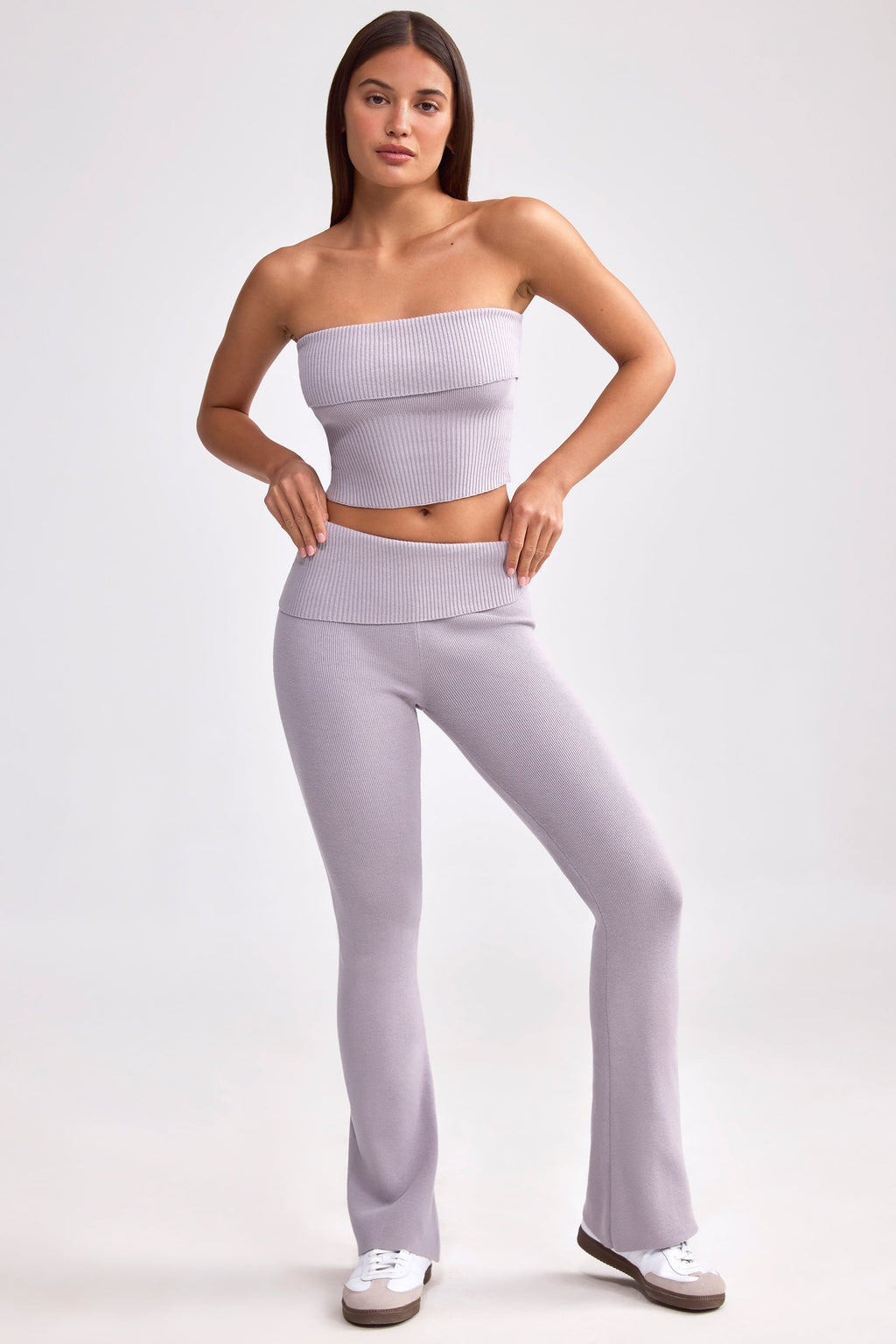 Chunky Knit Foldover Kick Flare Trousers in Dusty Lavender