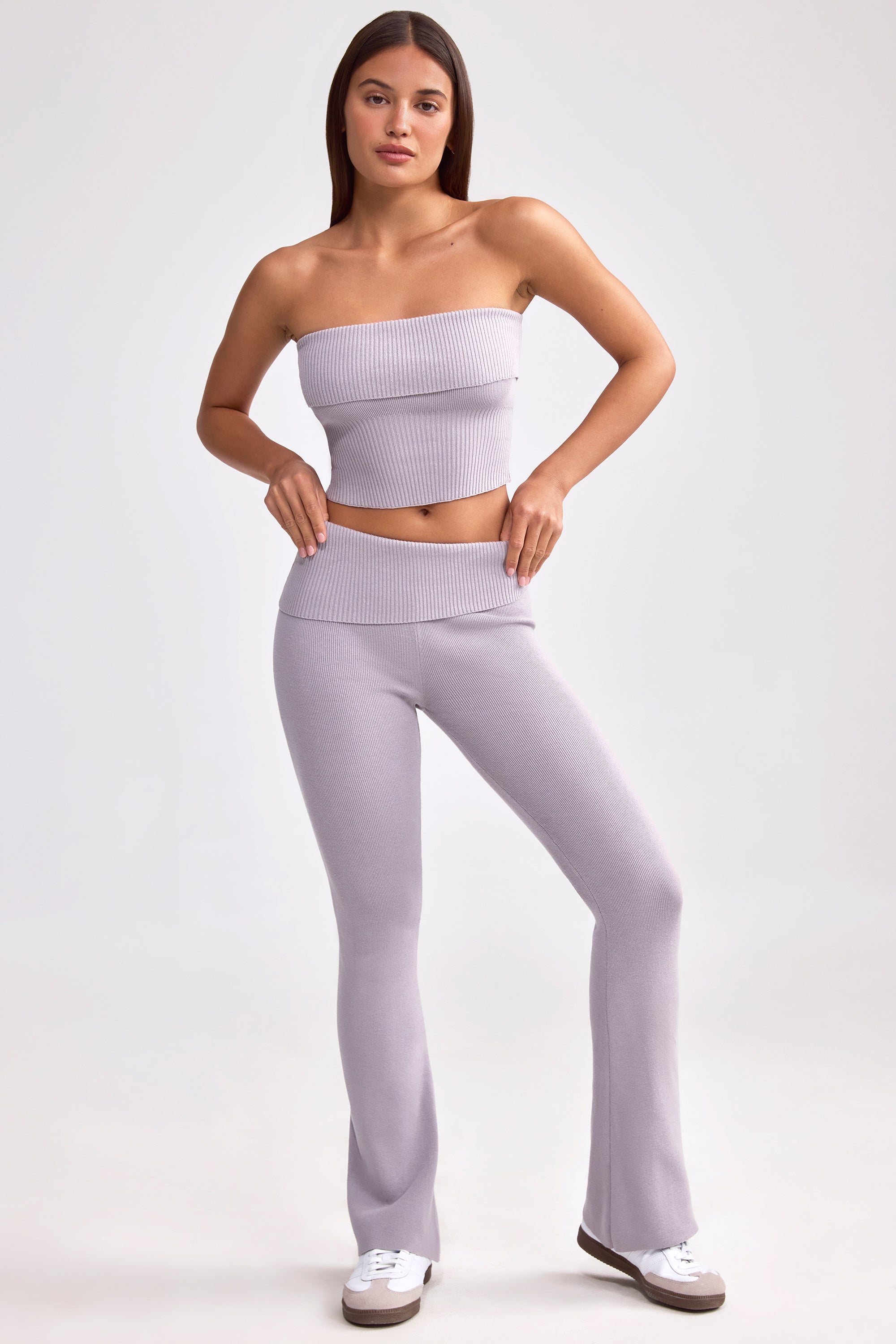 Chunky Knit Foldover Kick Flare Trousers in Dusty Lavender