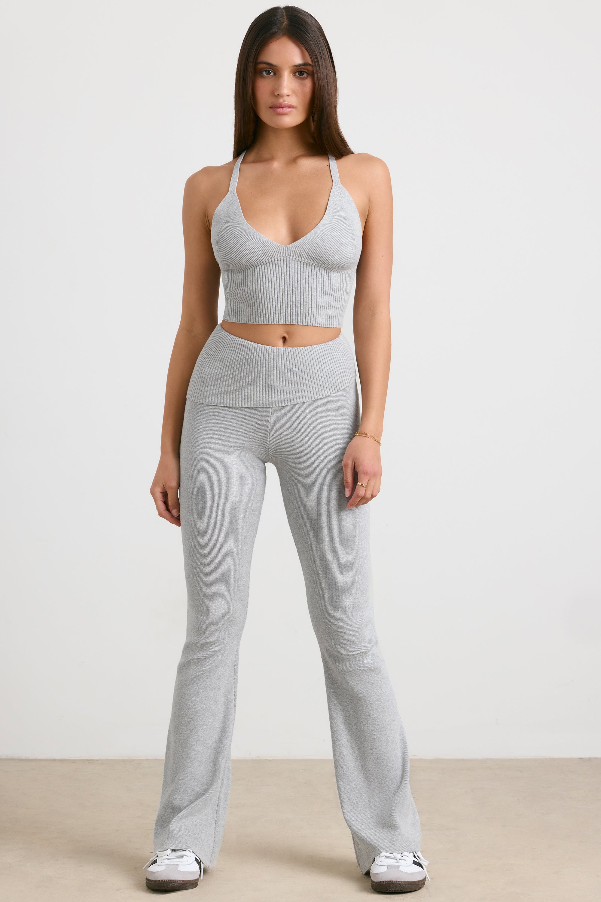 Chunky Knit Foldover Kick Flare Trousers in Grey Marl