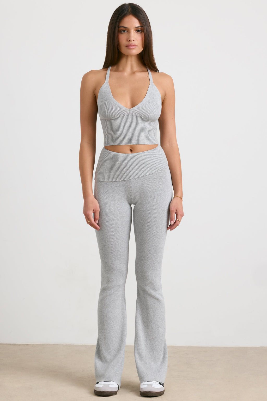 Chunky Knit Foldover Kick Flare Trousers in Grey Marl