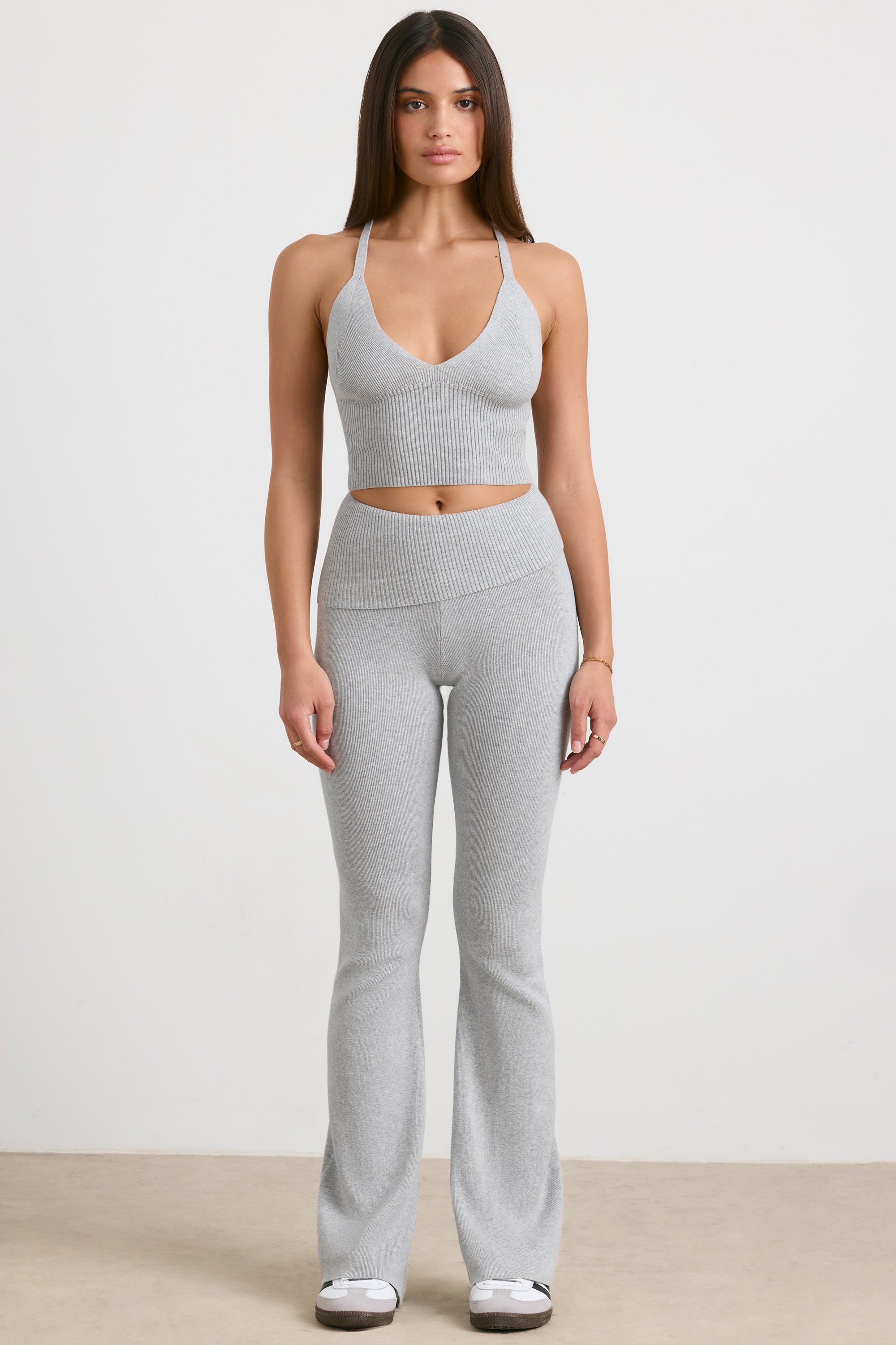 Chunky Knit Foldover Kick Flare Trousers in Grey Marl