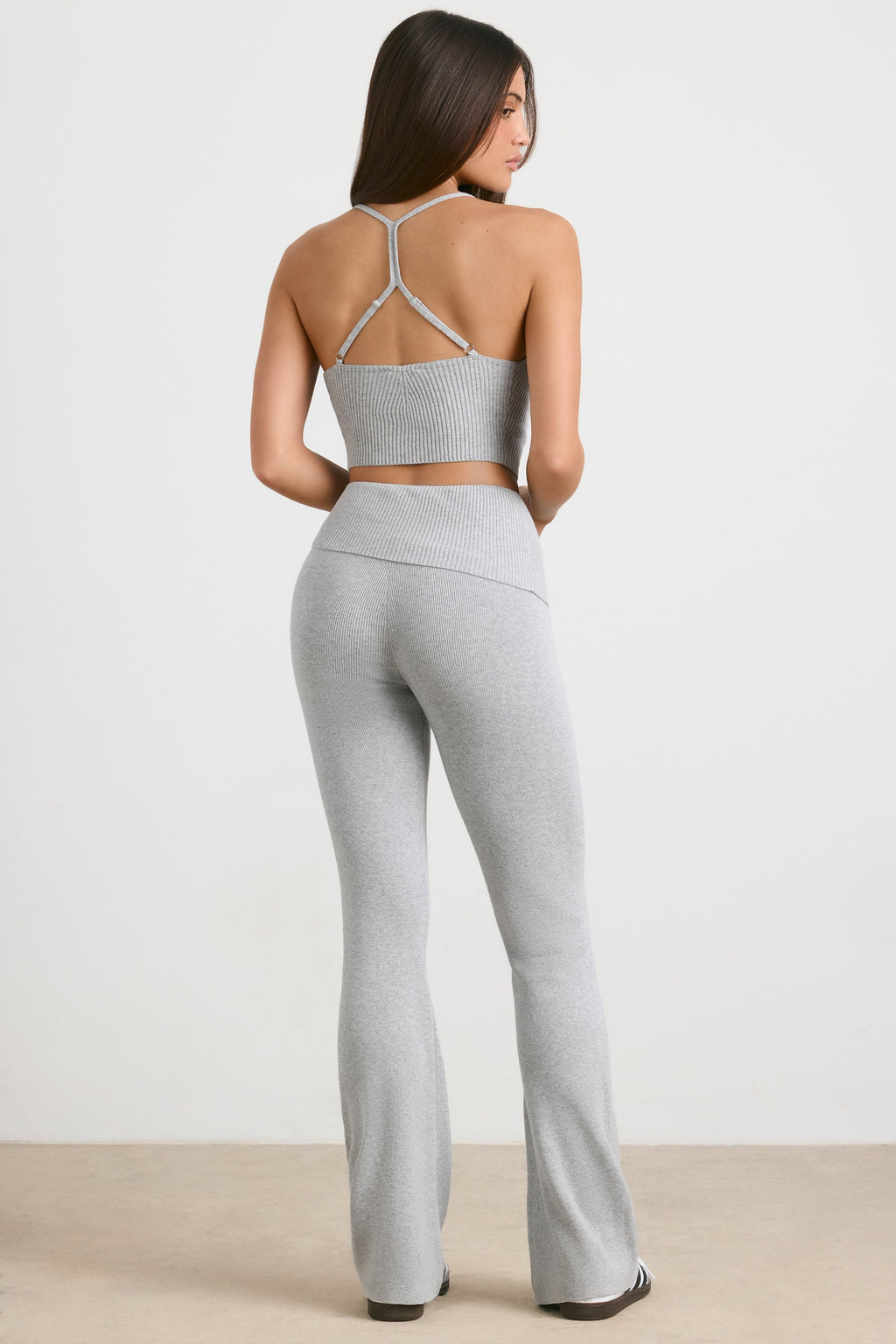 Chunky Knit Foldover Kick Flare Trousers in Grey Marl
