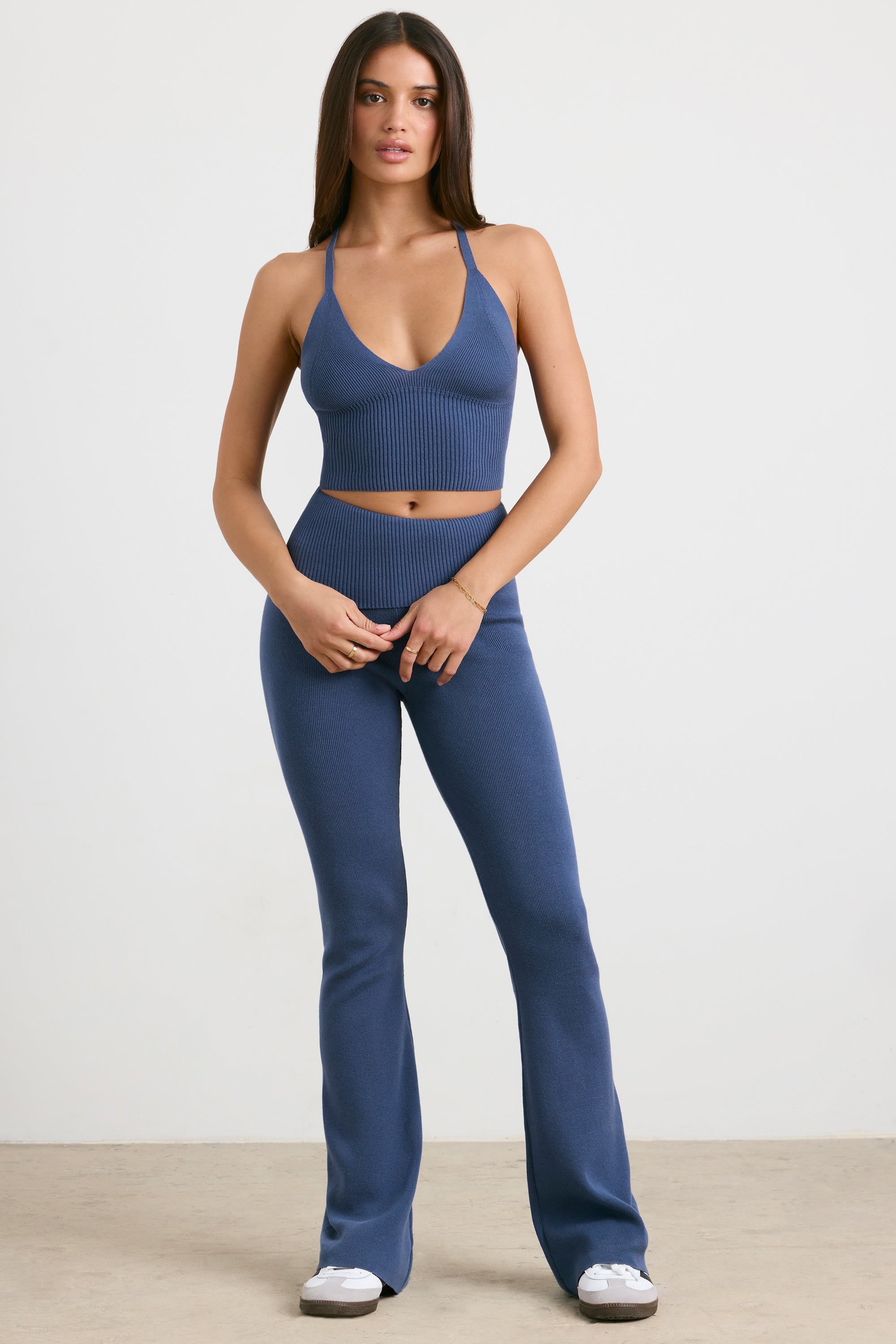 Chunky Knit Foldover Kick Flare Trousers in Washed Navy