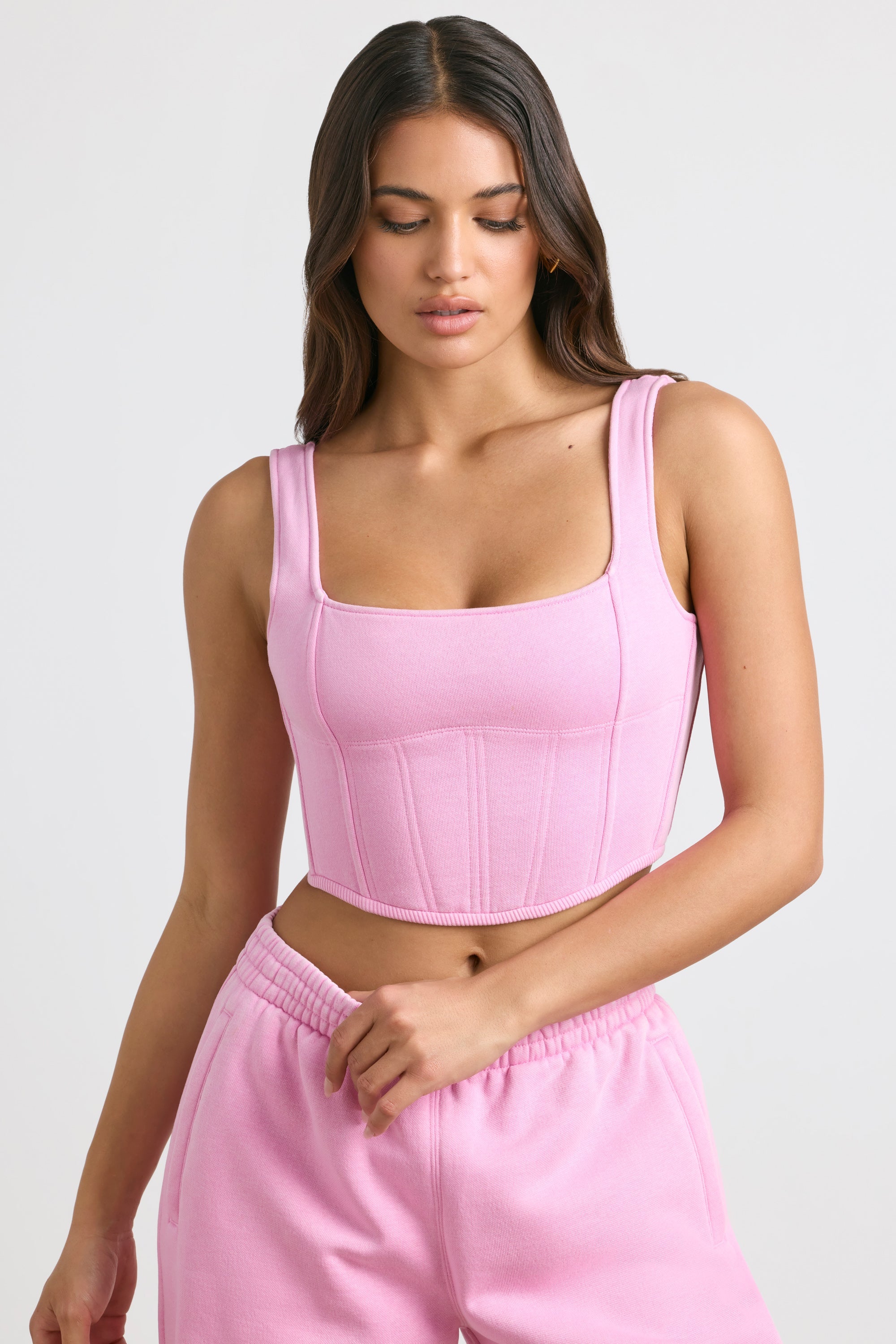 Brushed Jersey Corset Crop Top in Bubblegum Pink