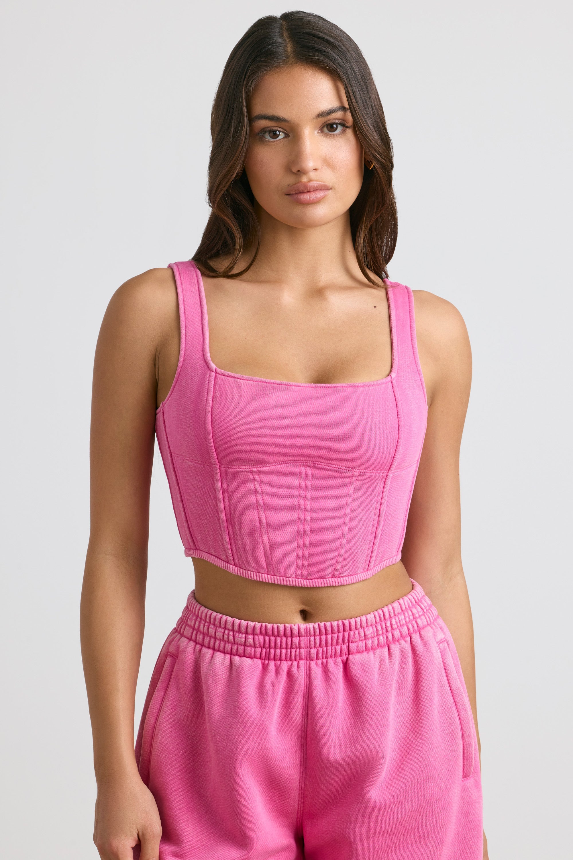 Brushed Jersey Corset Crop Top in Hot Pink
