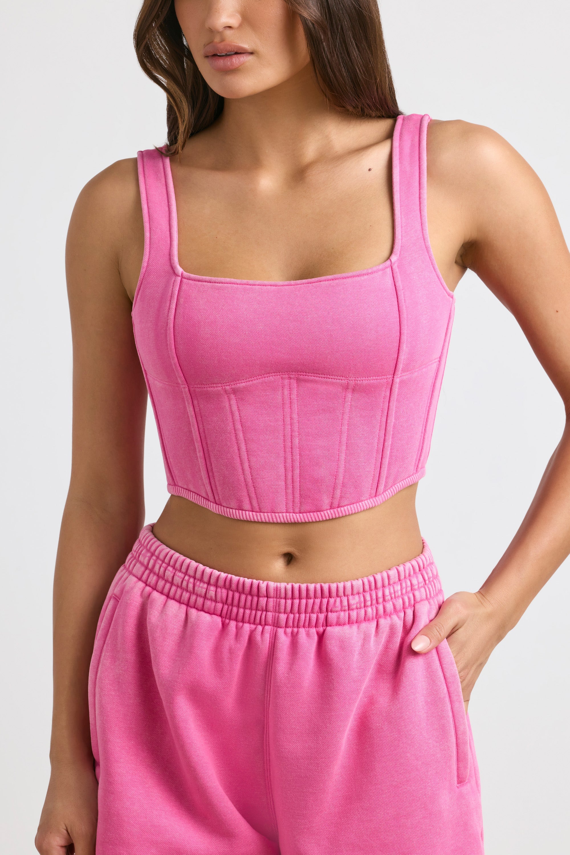 Brushed Jersey Corset Crop Top in Hot Pink