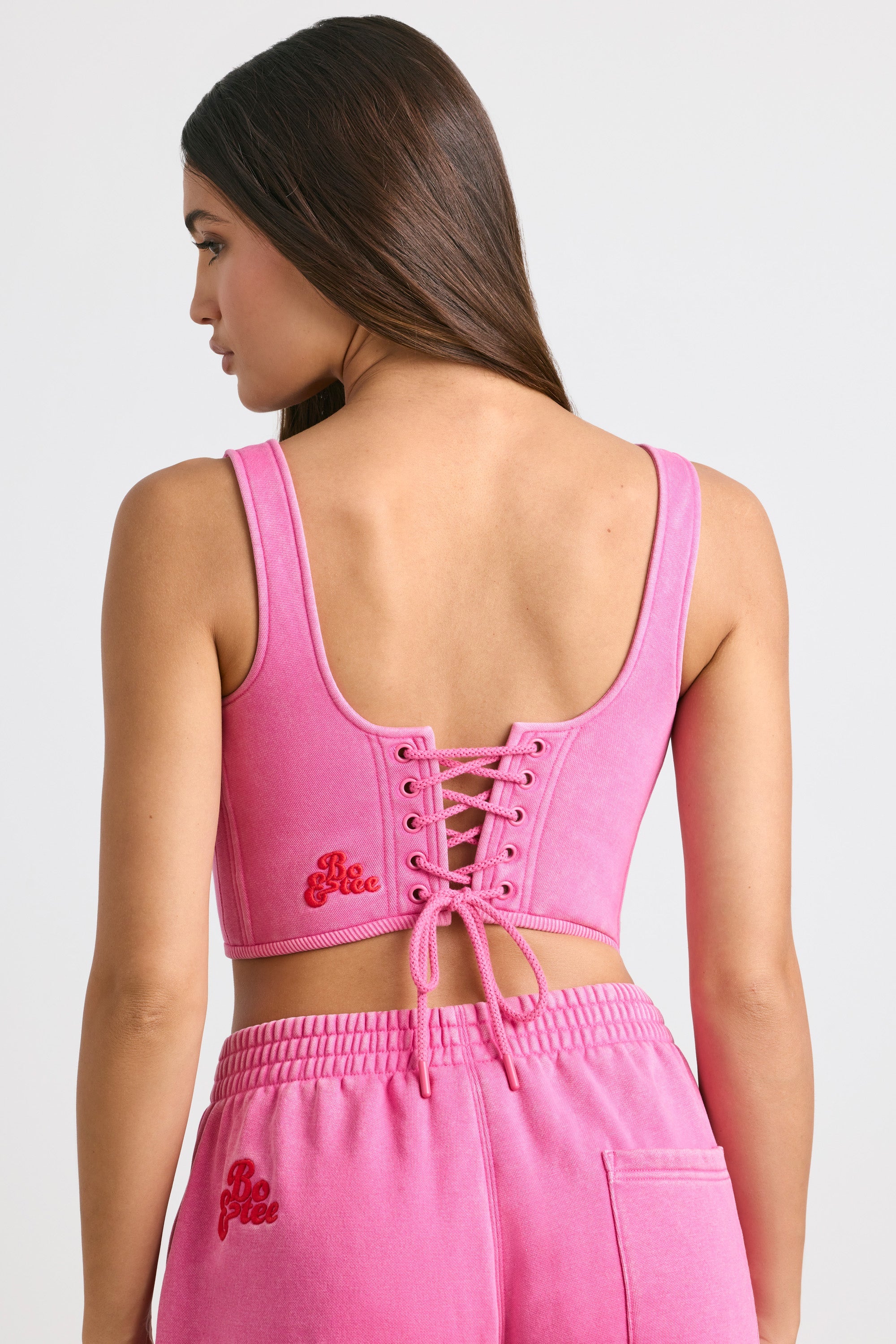Brushed Jersey Corset Crop Top in Hot Pink