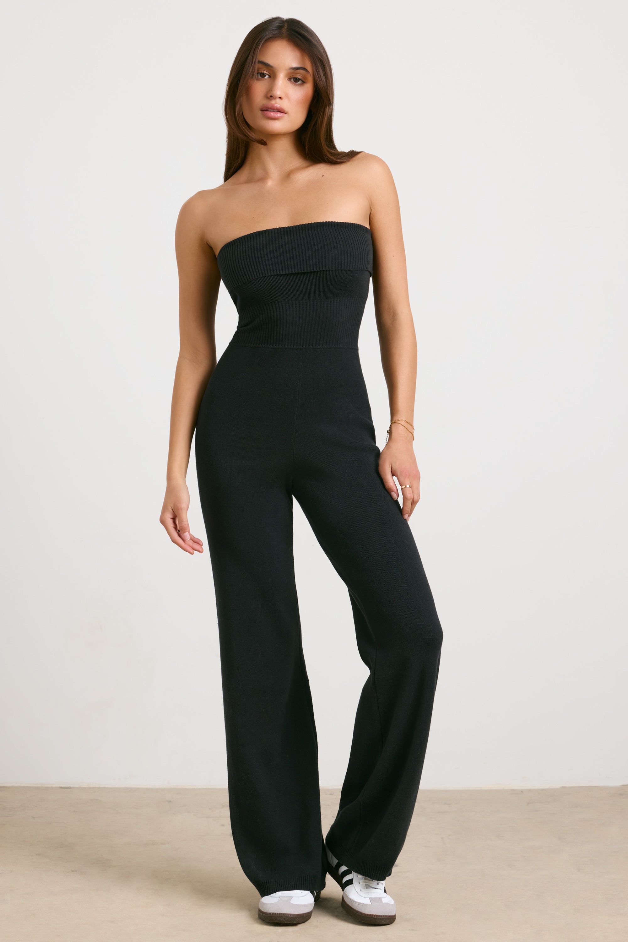 Chunky Knit Bandeau Kick Flare Jumpsuit in Black