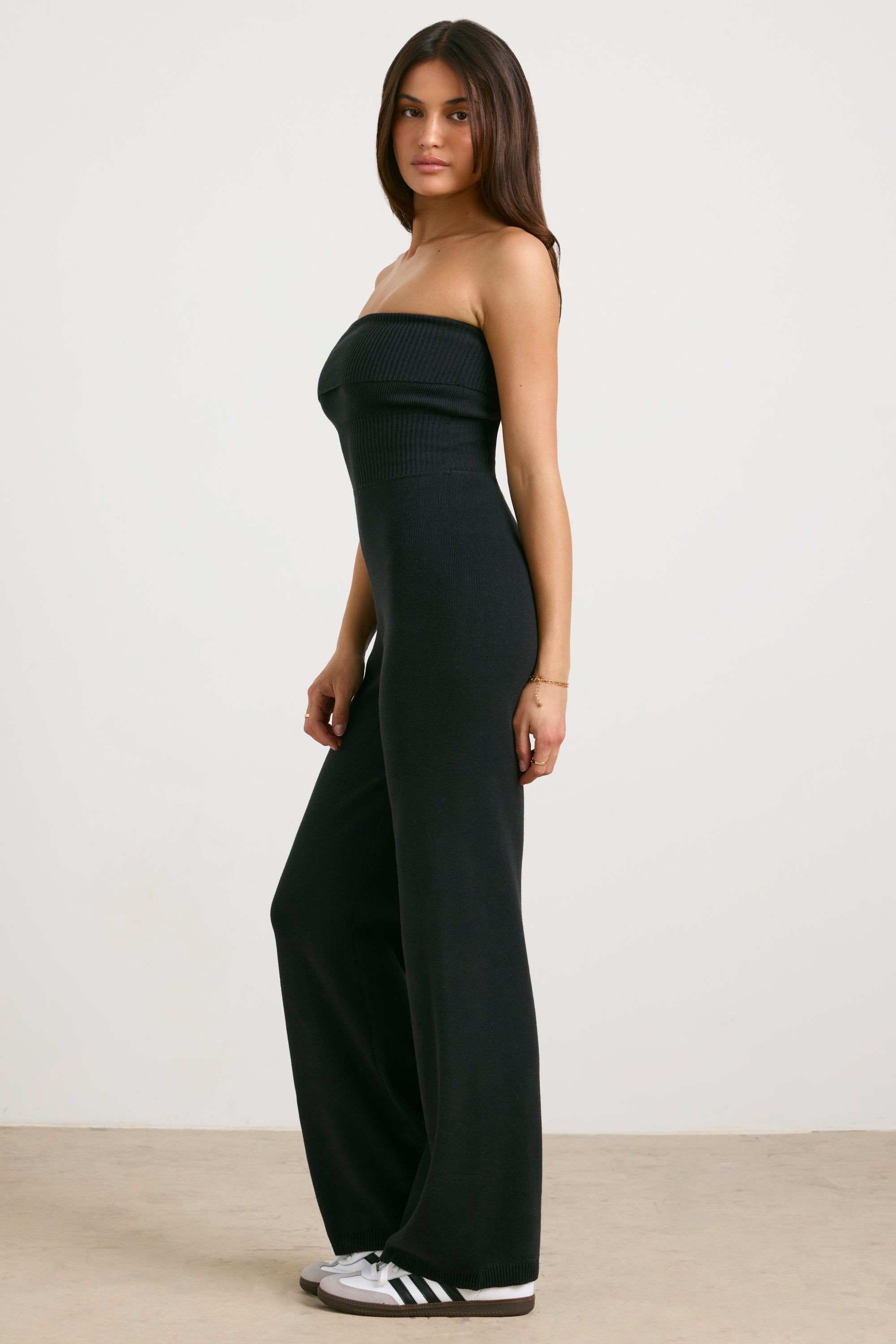 Chunky Knit Bandeau Kick Flare Jumpsuit in Black