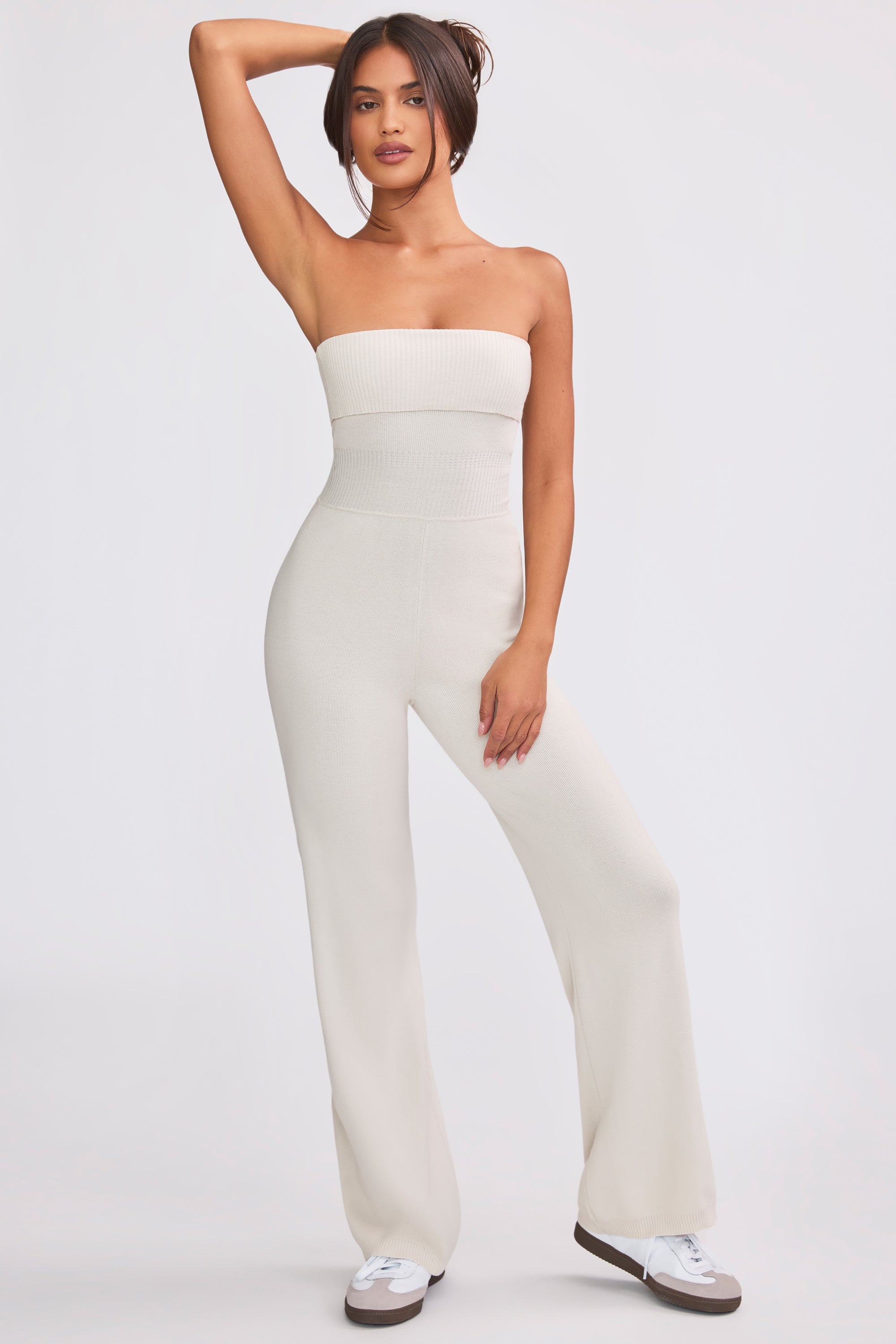 Chunky Knit Bandeau Kick Flare Jumpsuit in Cream