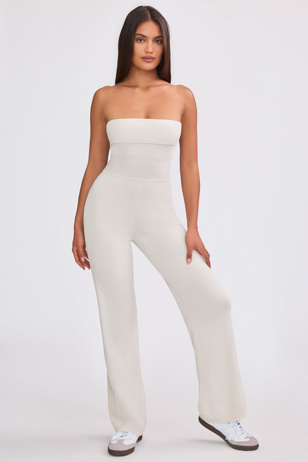 Chunky Knit Bandeau Kick Flare Jumpsuit in Cream