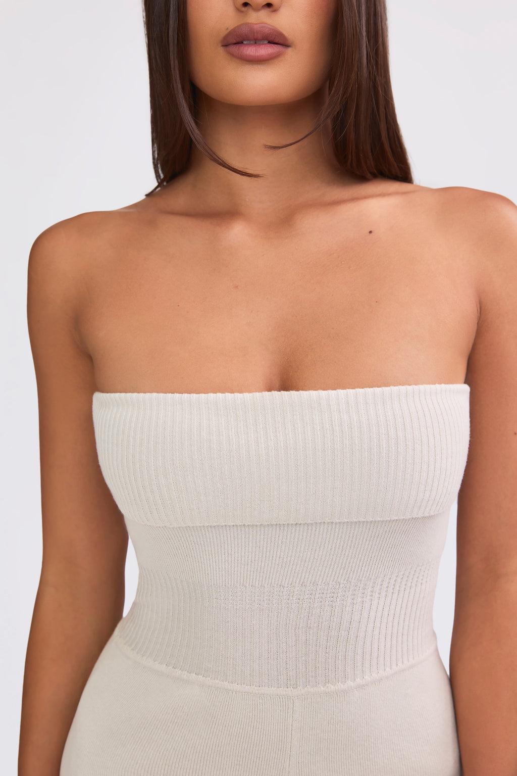 Chunky Knit Bandeau Kick Flare Jumpsuit in Cream