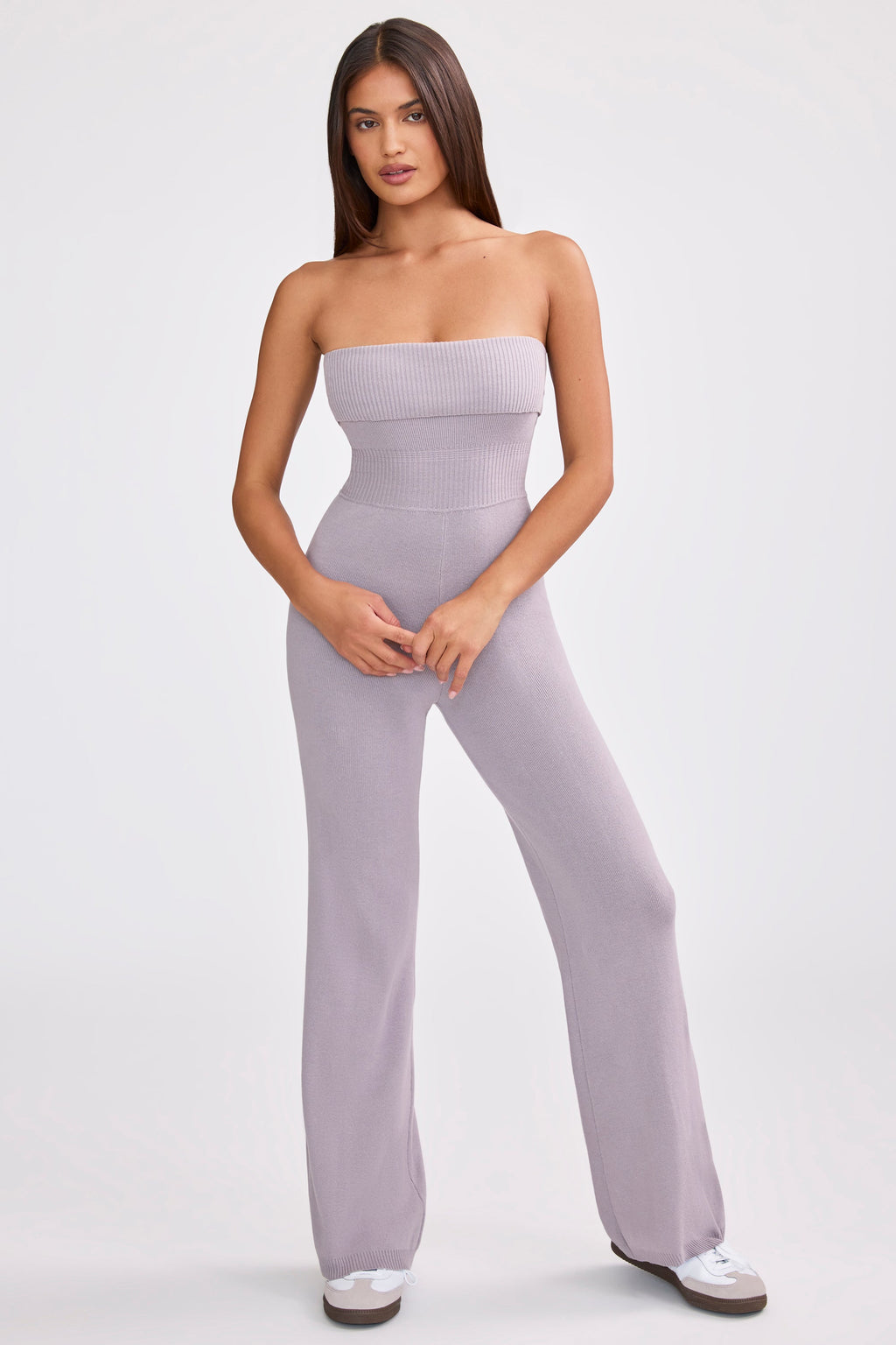 Chunky Knit Bandeau Kick Flare Jumpsuit in Dusty Lavender