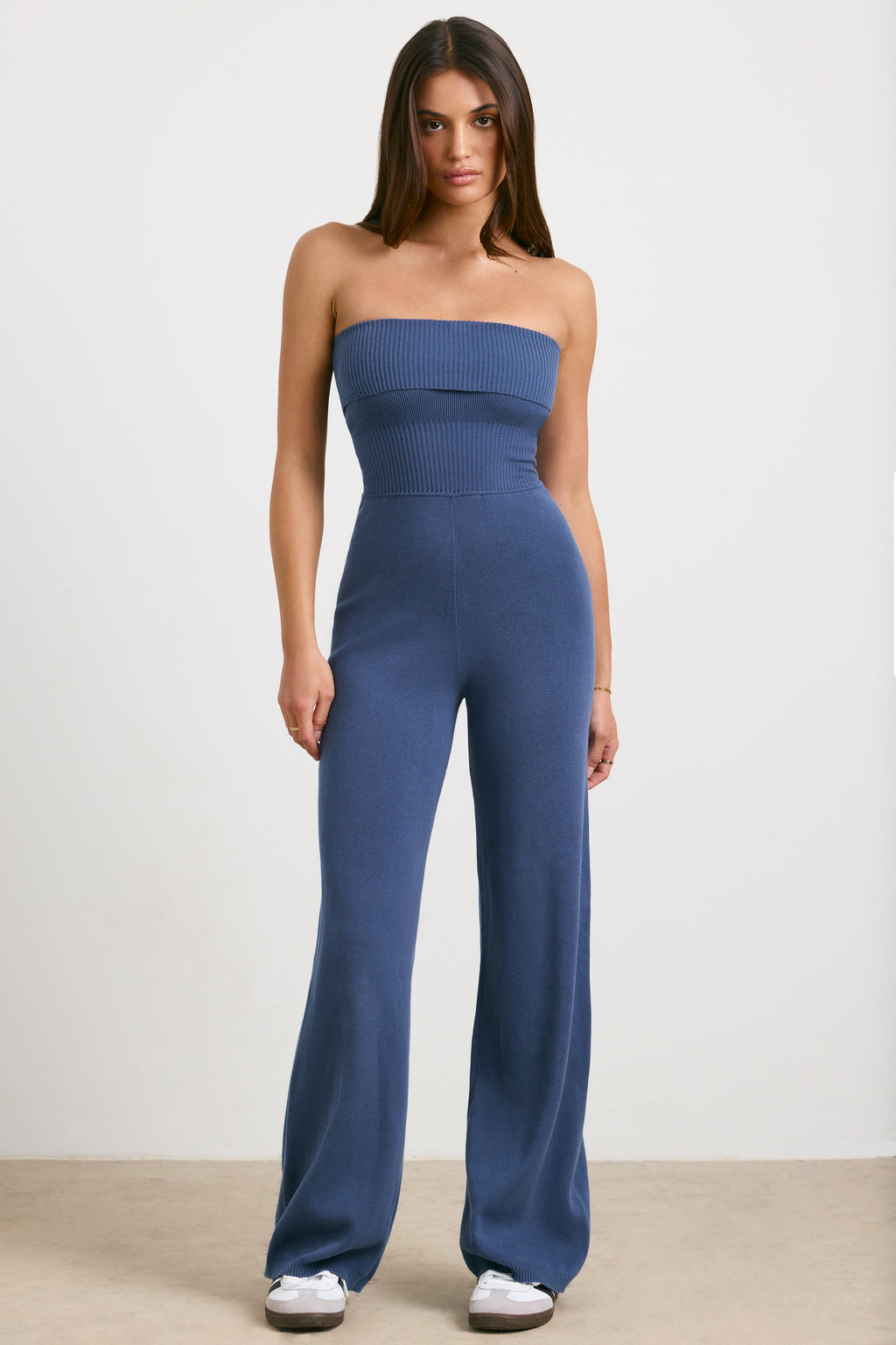 Chunky Knit Bandeau Kick Flare Jumpsuit in Washed Navy
