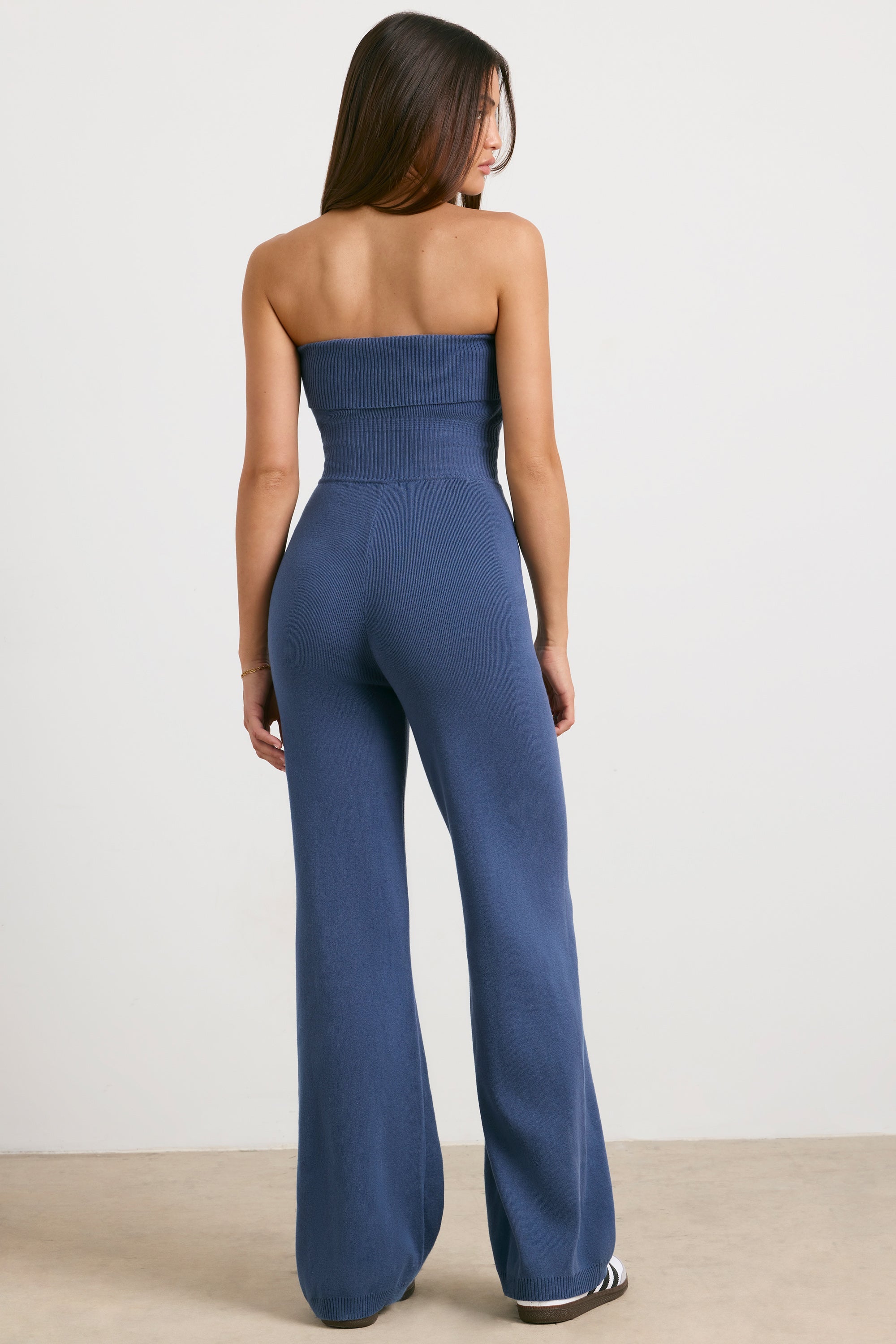 Chunky Knit Bandeau Kick Flare Jumpsuit in Washed Navy