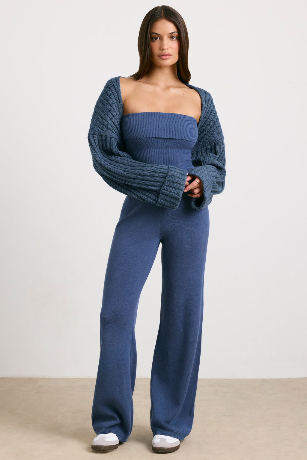 Chunky Knit Bandeau Kick Flare Jumpsuit in Washed Navy
