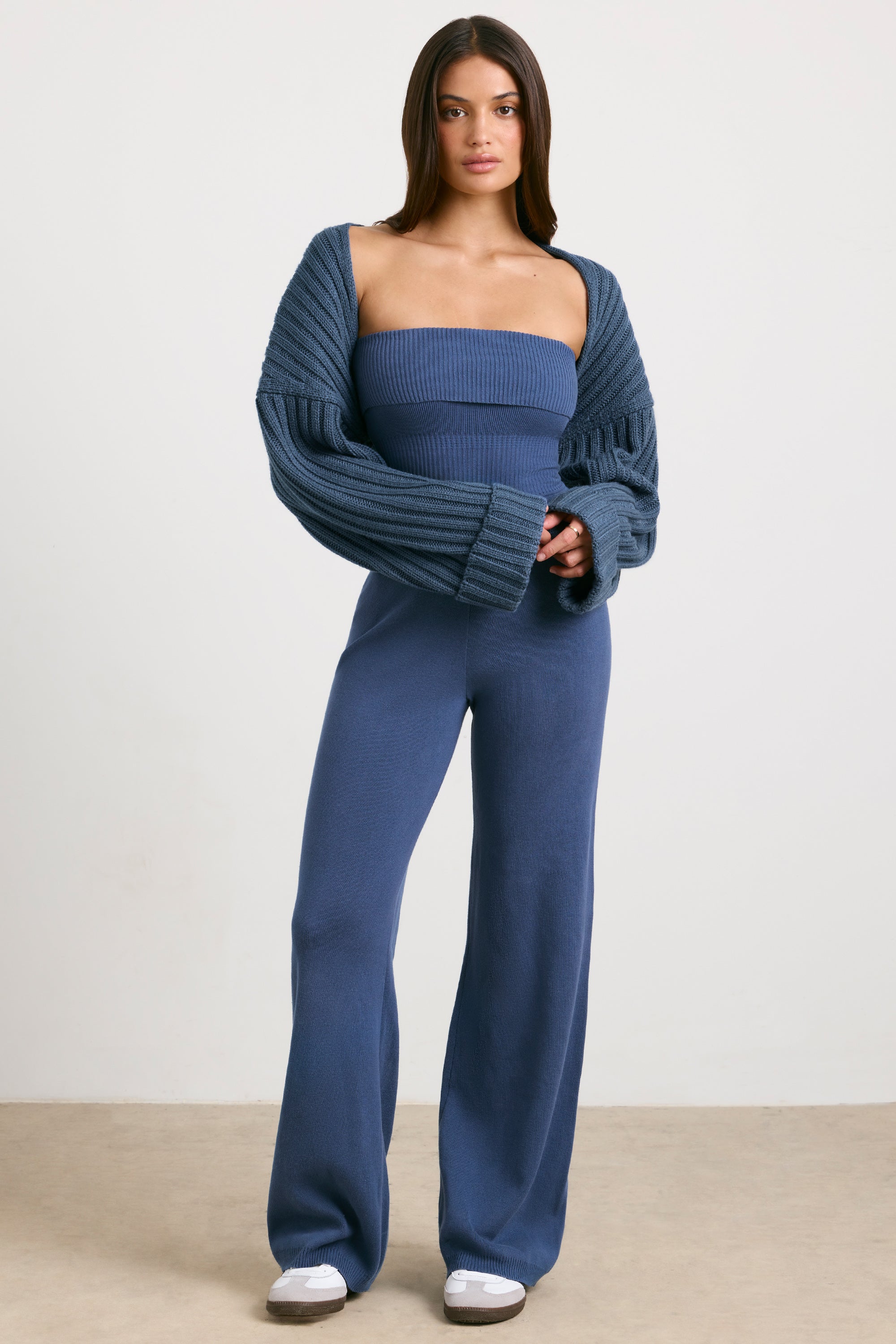 Chunky Knit Bandeau Kick Flare Jumpsuit in Washed Navy