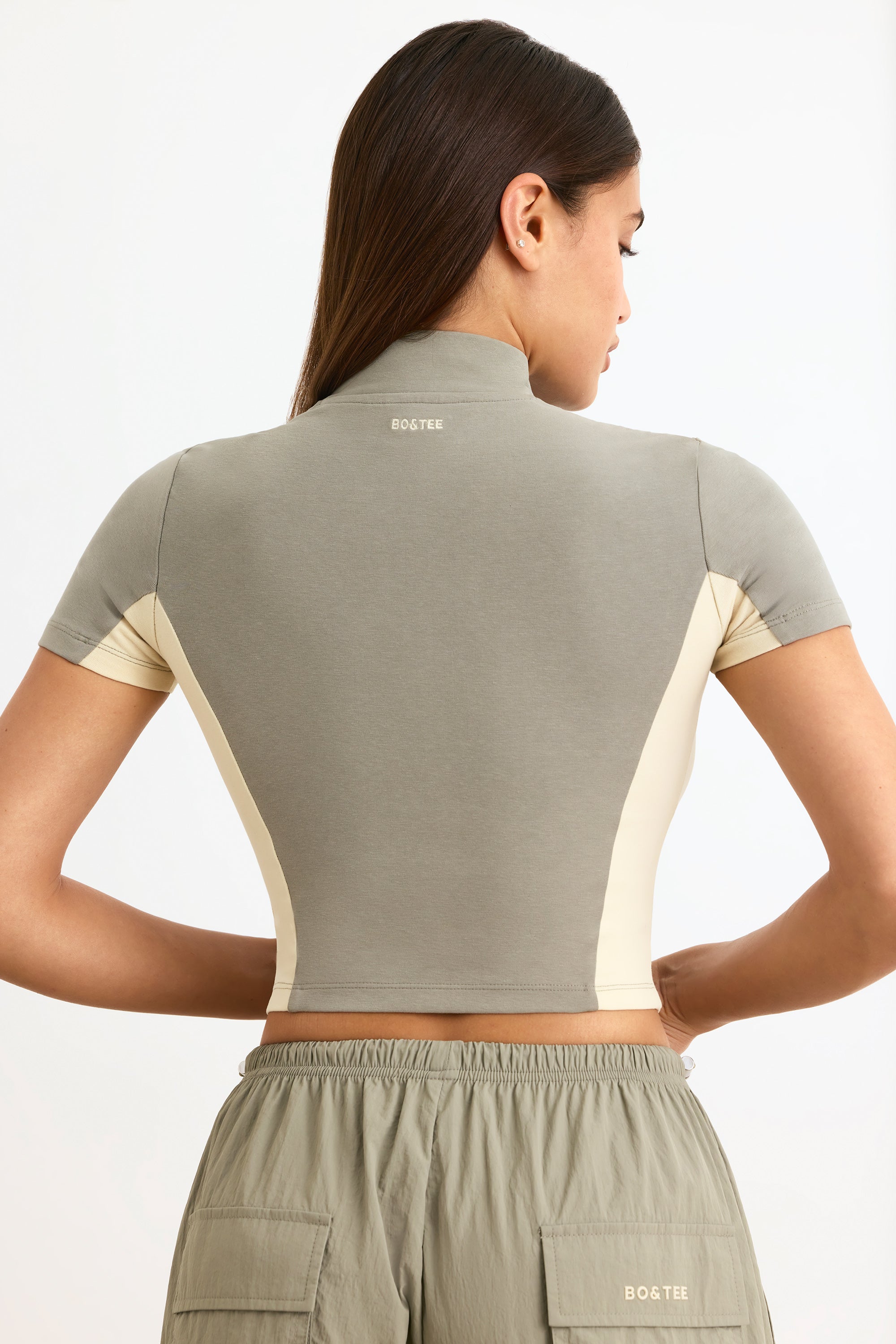 Cotton Jersey Colourblock Zip-Up Crop Top in Mineral