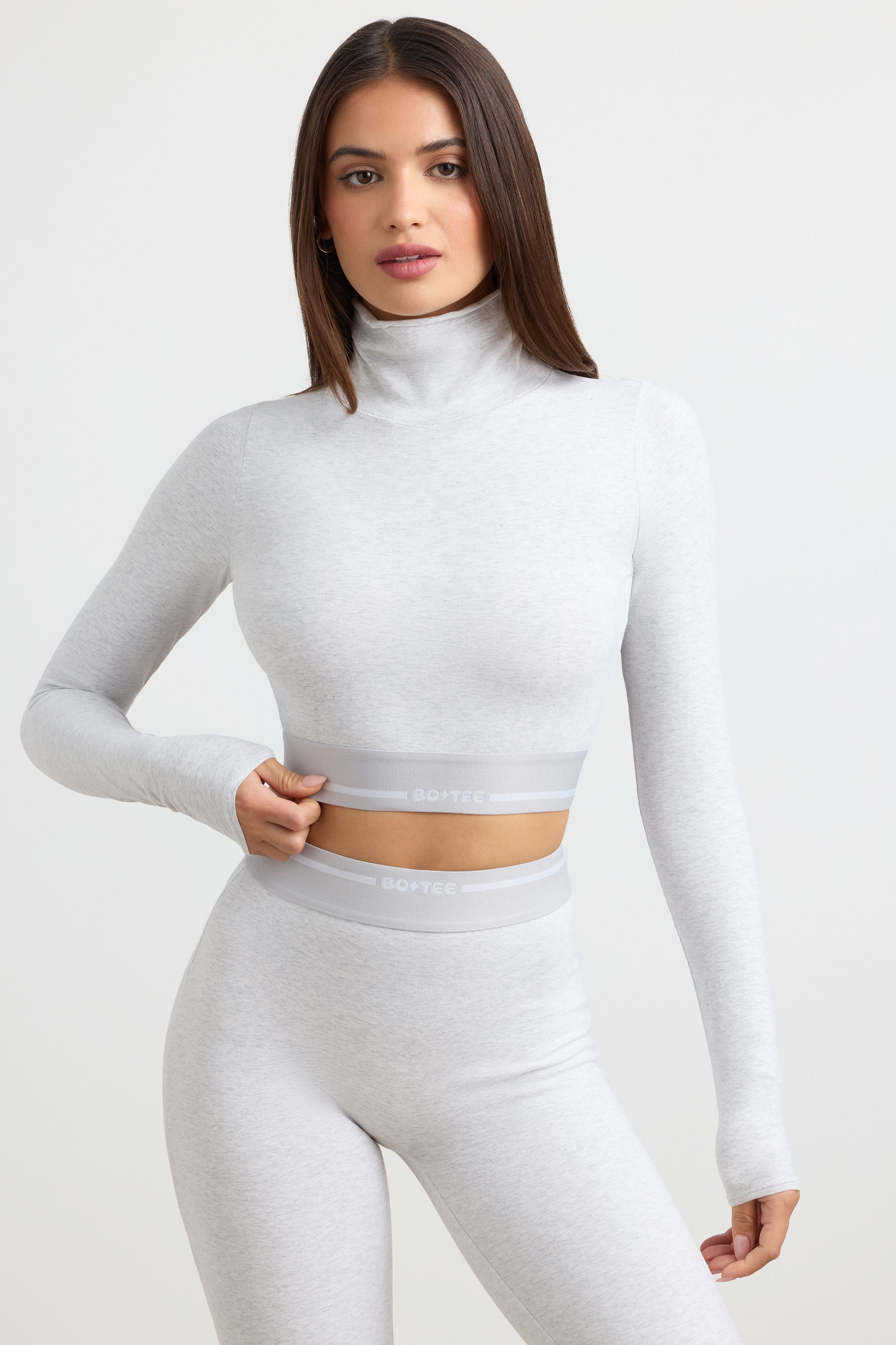 Backless Turtleneck Long-Sleeve Crop Top in Grey Marl