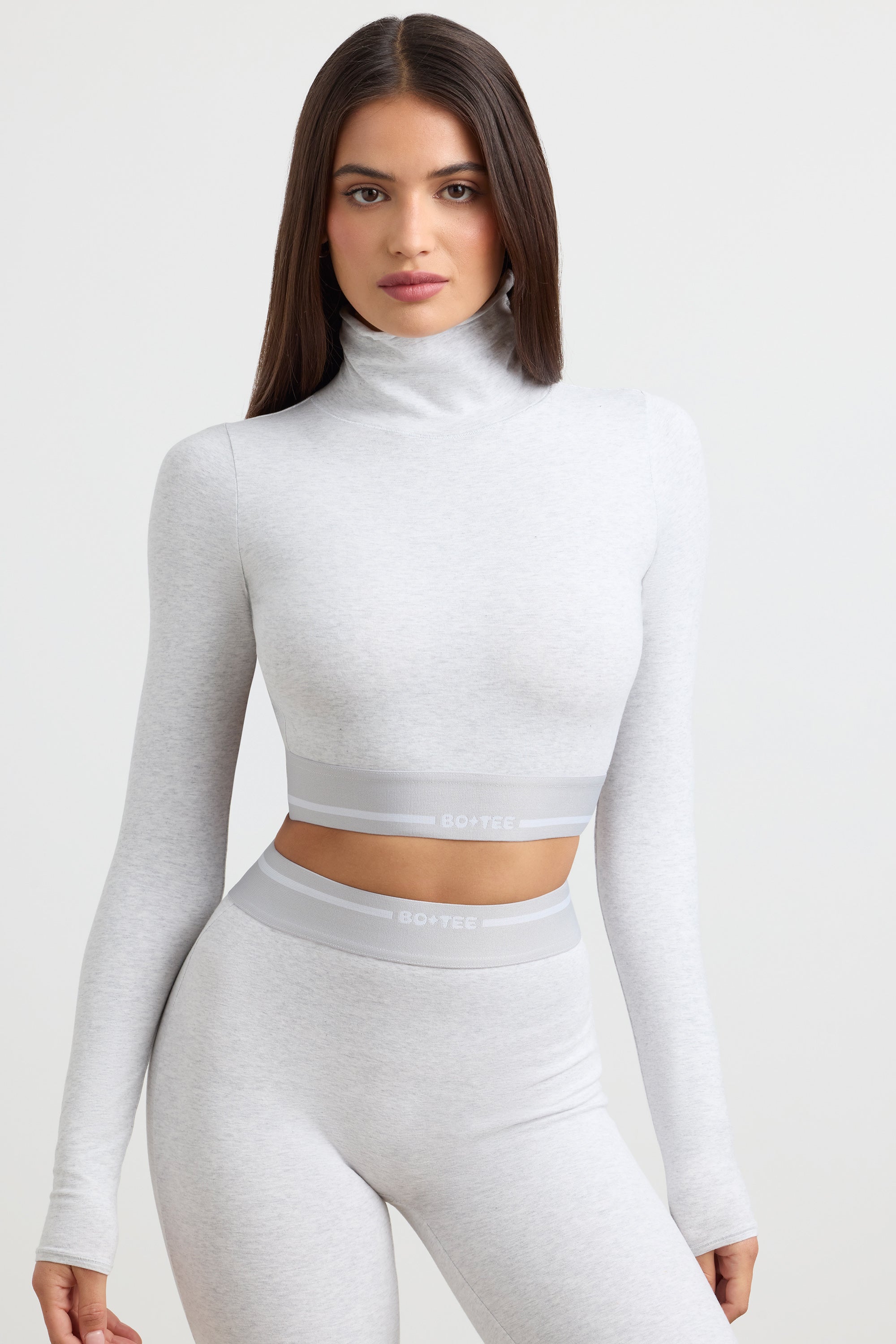 Backless Turtleneck Long-Sleeve Crop Top in Grey Marl