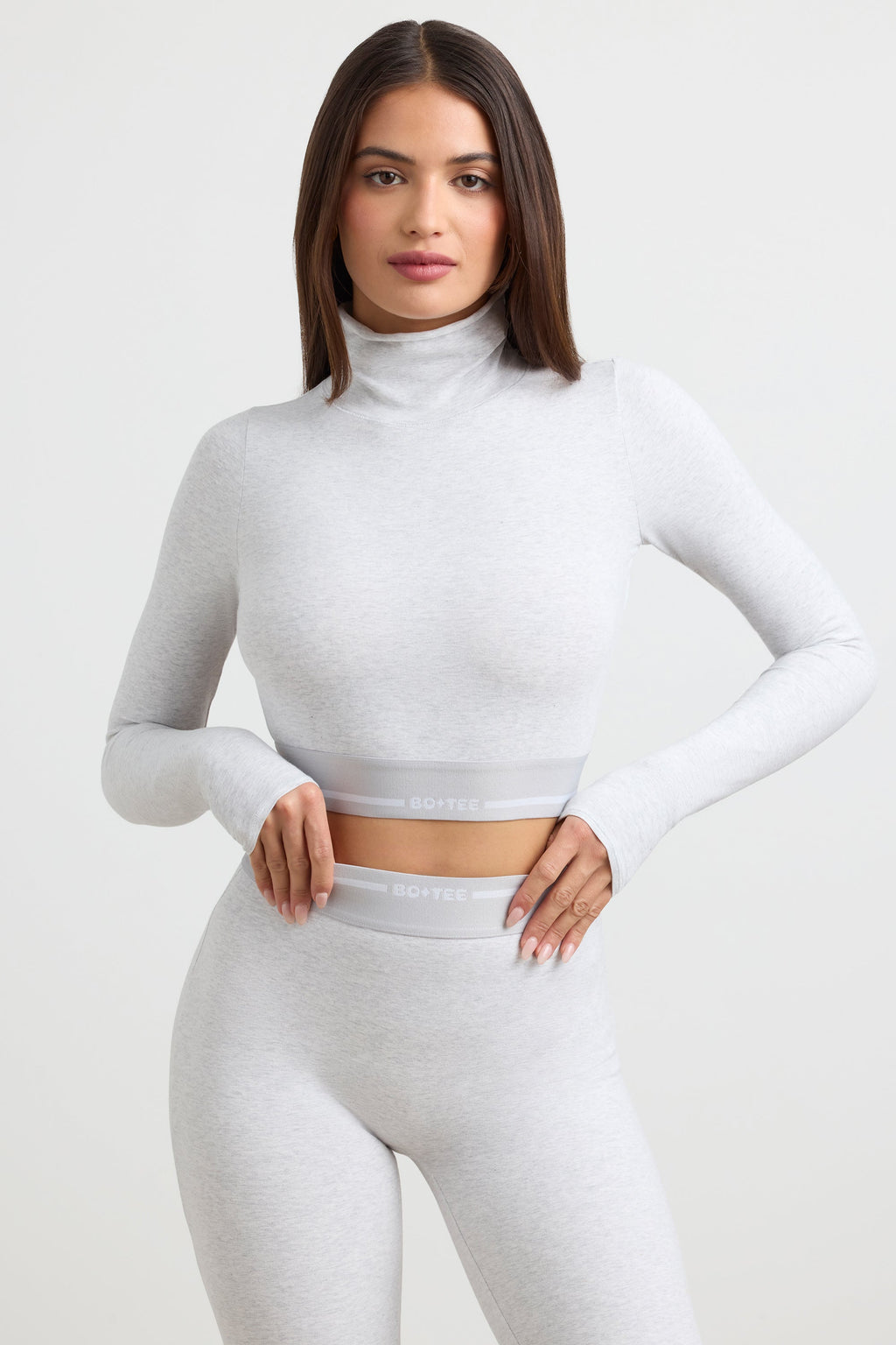 Backless Turtleneck Long-Sleeve Crop Top in Grey Marl