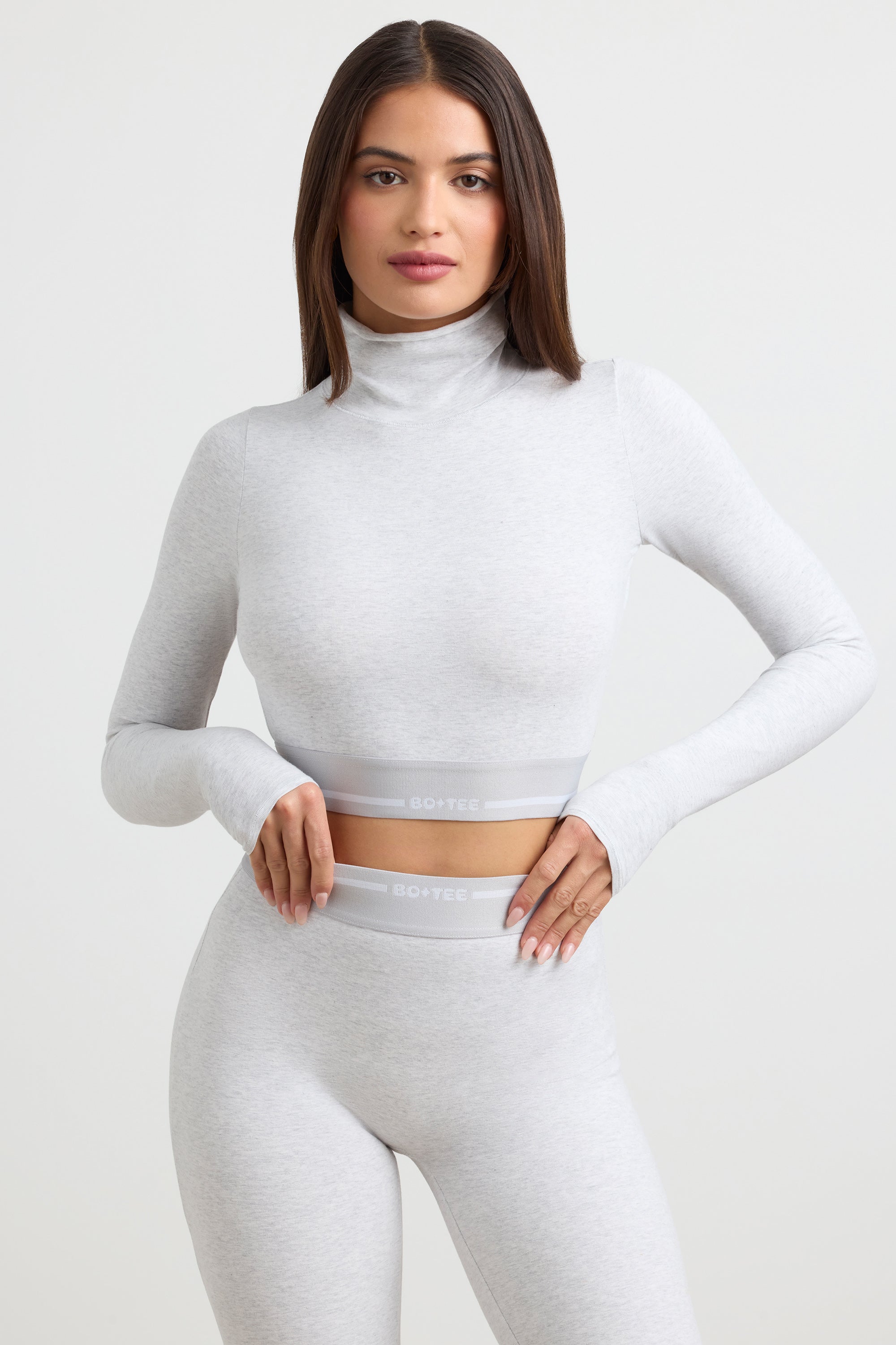 Backless Turtleneck Long-Sleeve Crop Top in Grey Marl