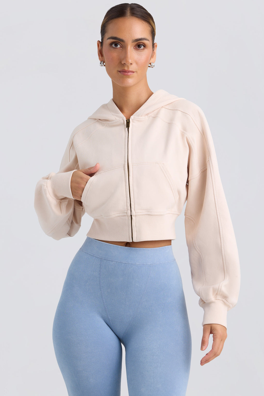 Brushed Jersey Zip-Up Cropped Hoodie in Washed Cream