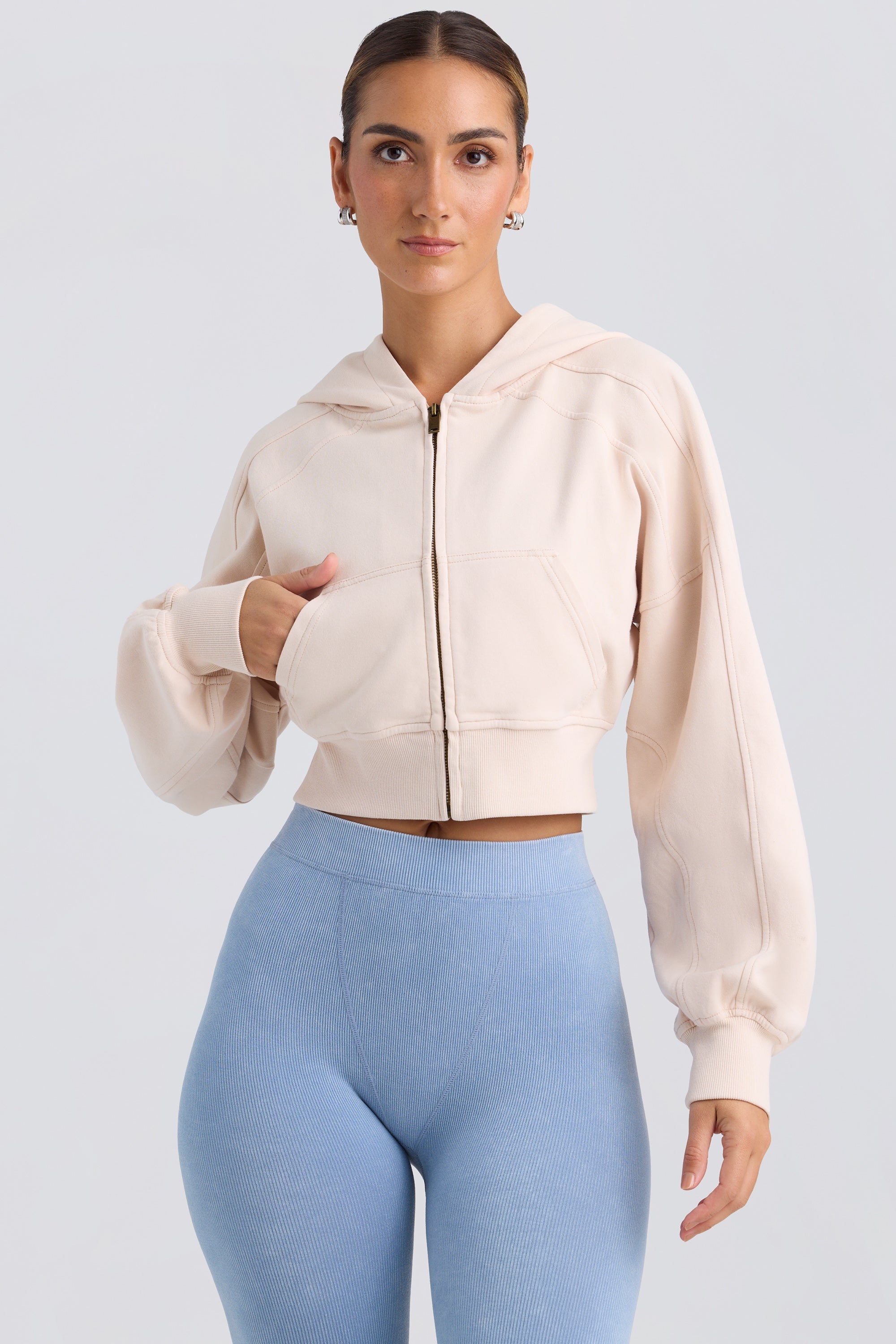 Brushed Jersey Zip-Up Cropped Hoodie in Washed Cream