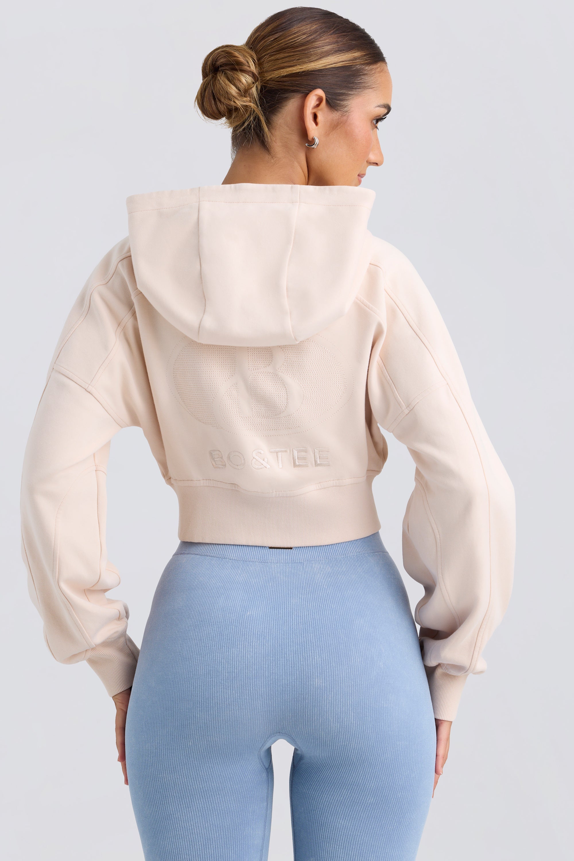 Brushed Jersey Zip-Up Cropped Hoodie in Washed Cream
