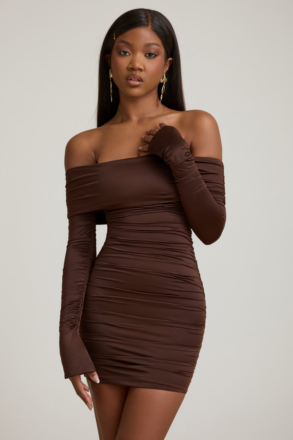 Bow-Detail Off-Shoulder Mini Dress in Chocolate Brown
