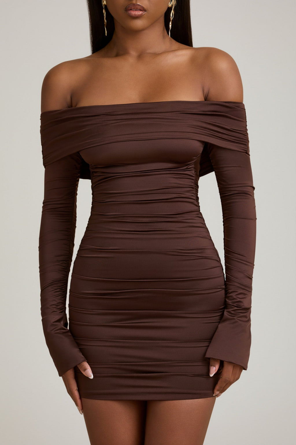 Bow-Detail Off-Shoulder Mini Dress in Chocolate Brown