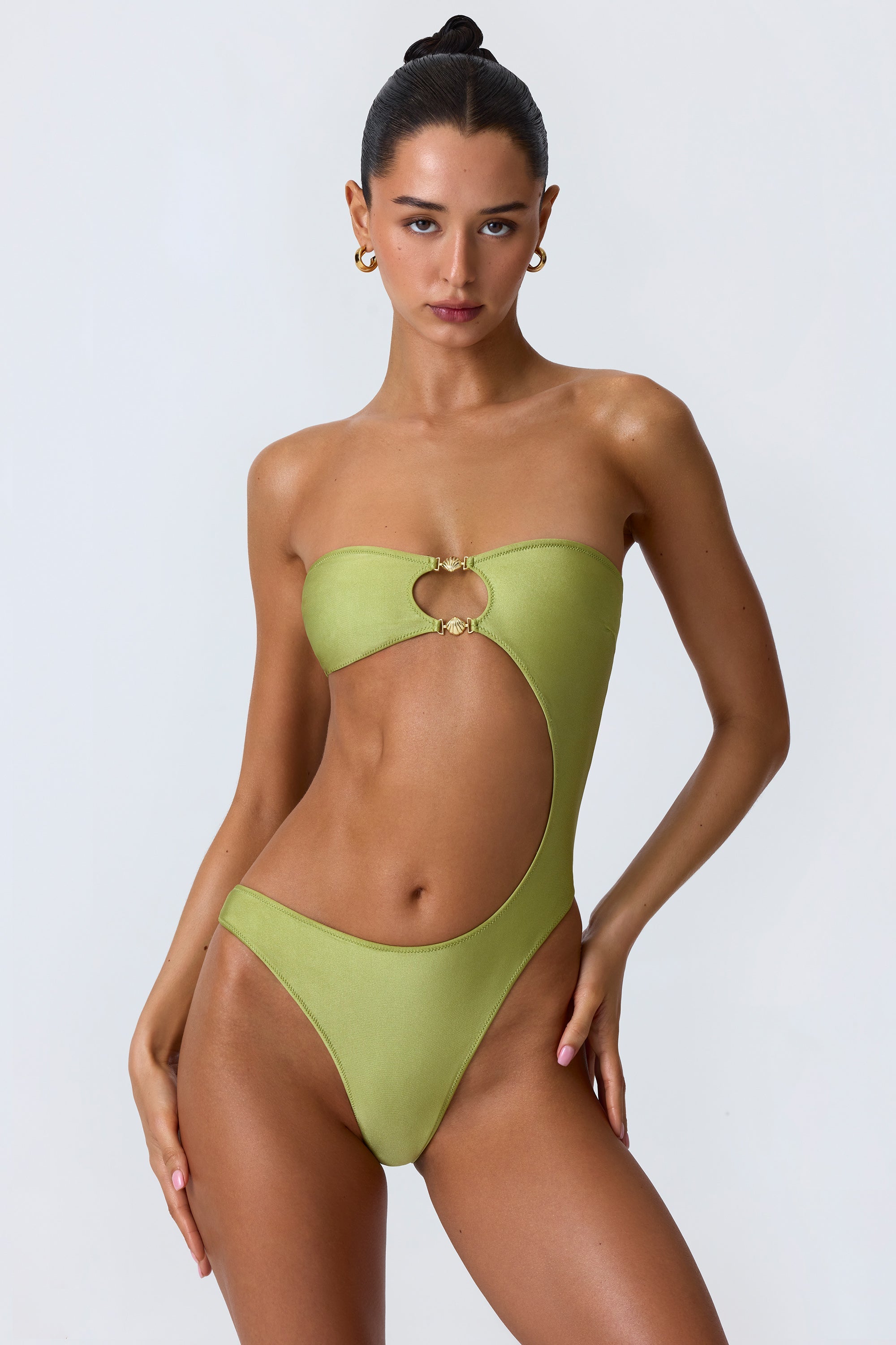 Bead-Embellished Cut-Out Bandeau Swimsuit in Pear Green
