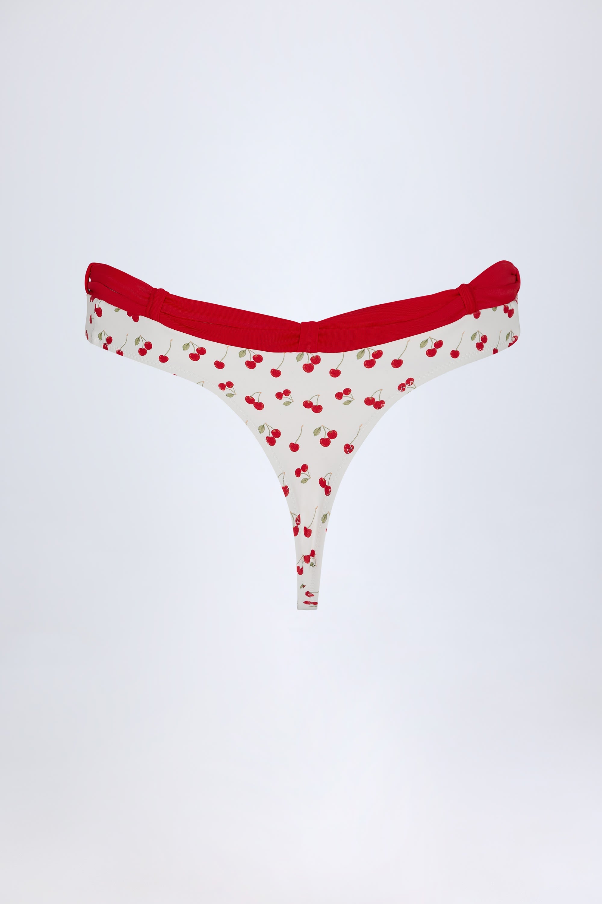 Contrast Belted Thong Bikini Bottoms in Cherry Print