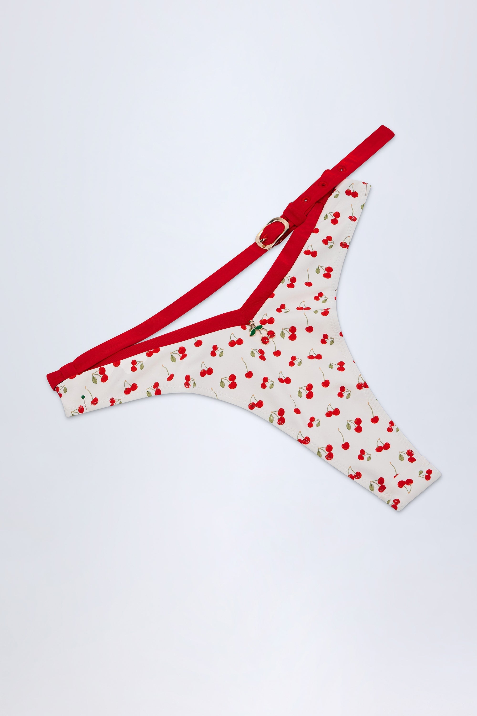 Contrast Belted Thong Bikini Bottoms in Cherry Print