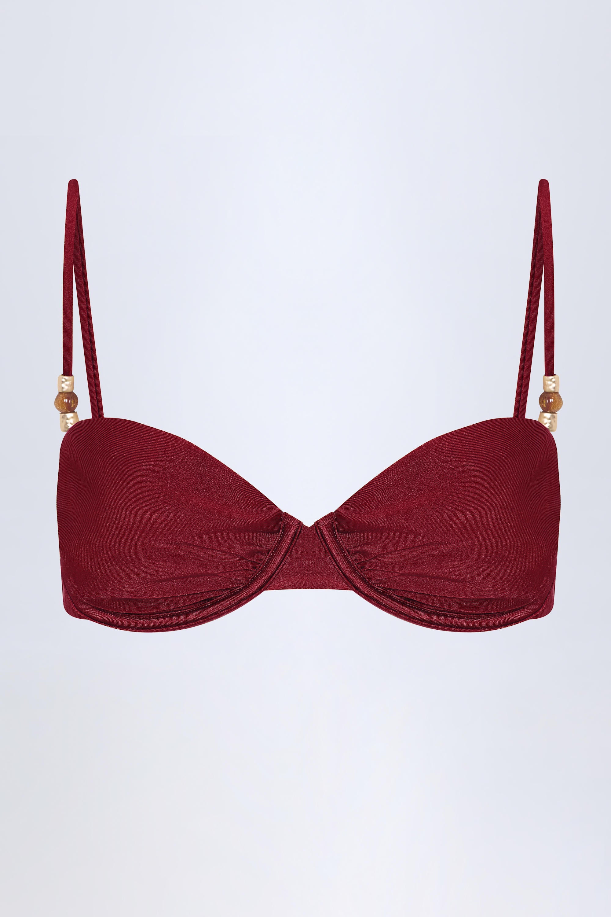 Bead-Embellished Ruched Underwired Bikini Top in Dark Cherry