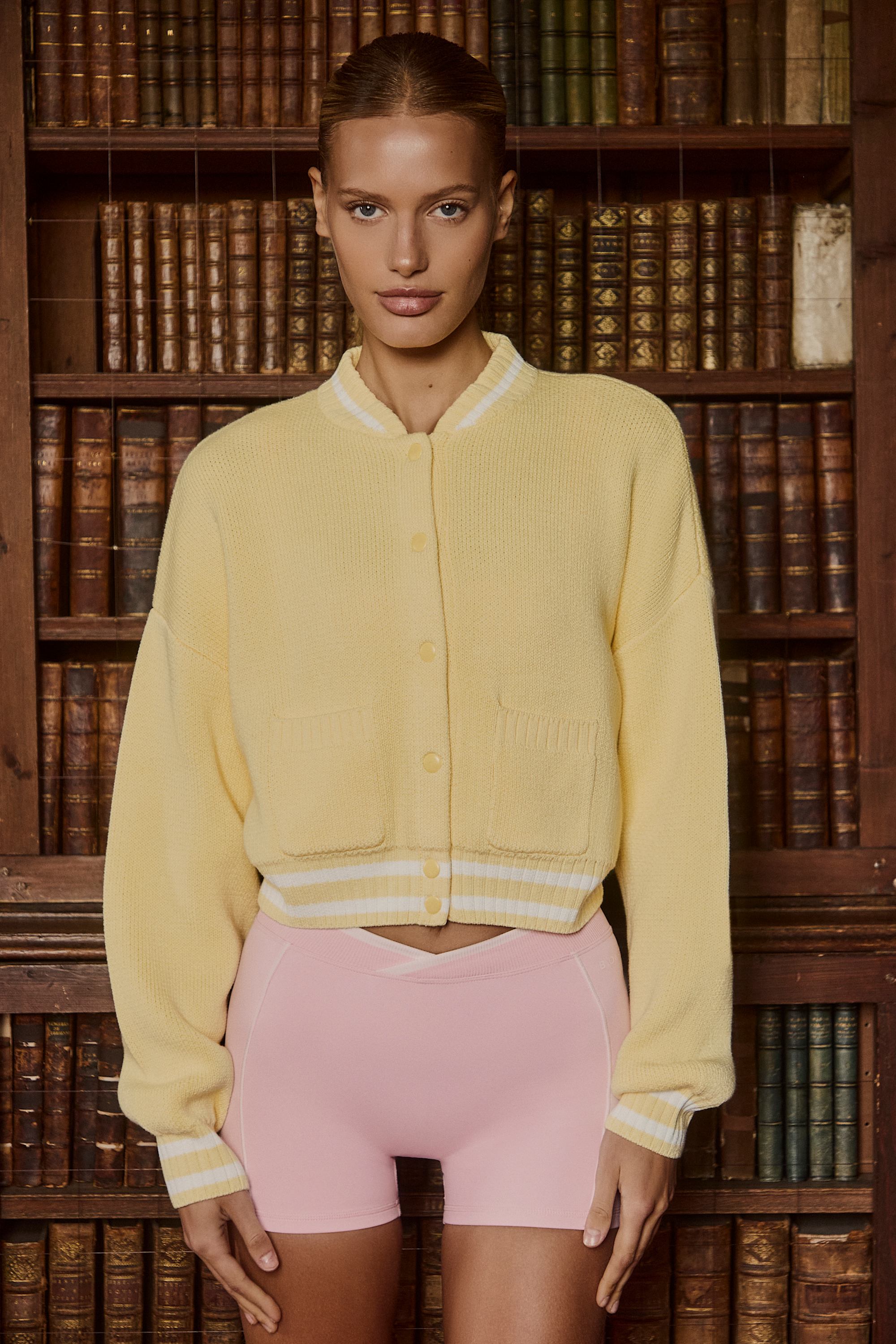 Button-Up Cropped Knit Cardigan in Soft Yellow