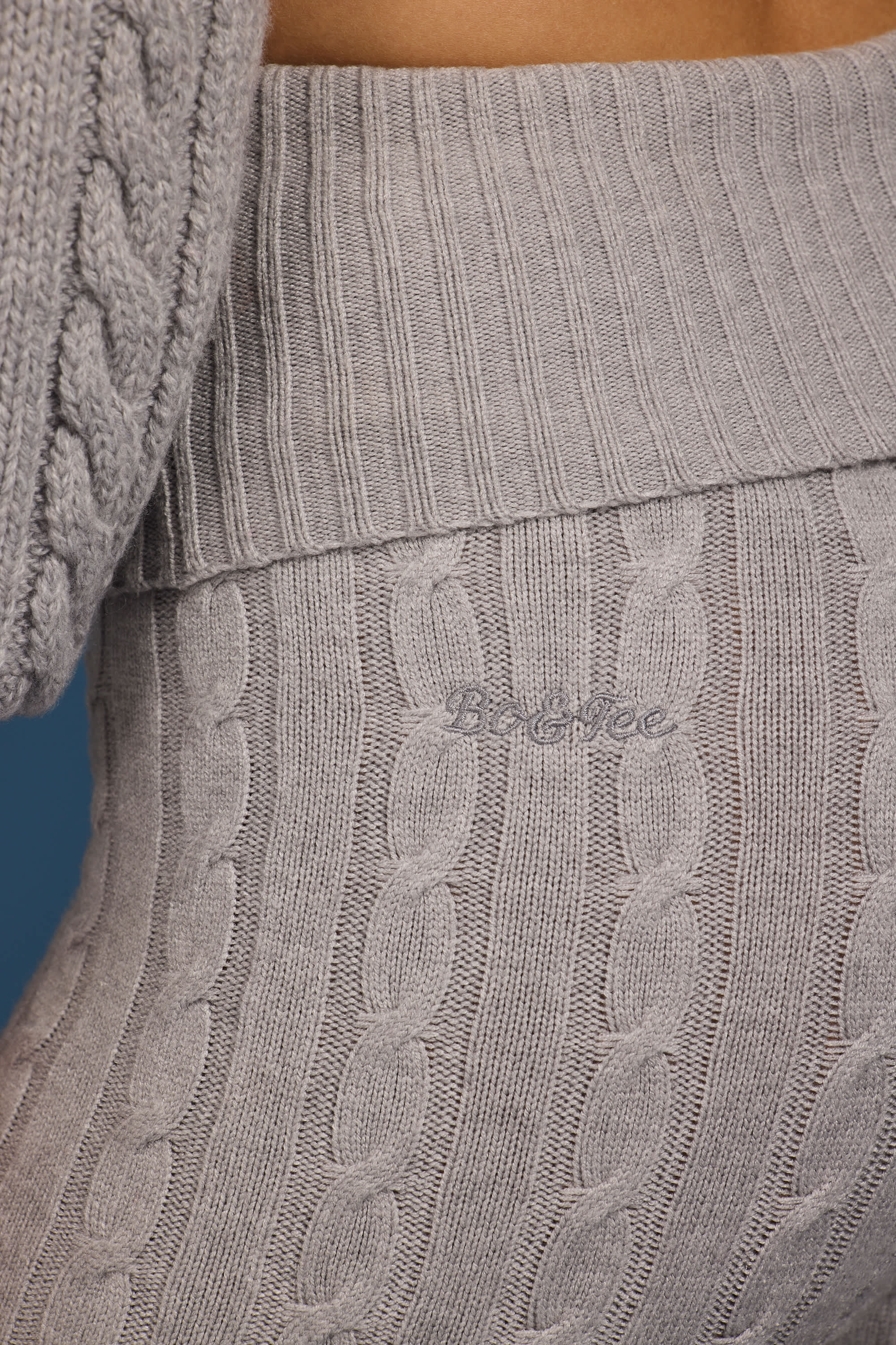 Cable Knit Foldover Flared Trousers in Grey Marl