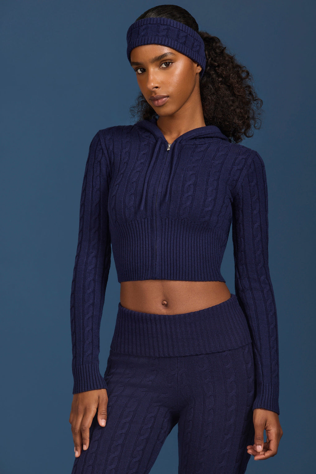 Cable Knit Zip-Up Hoodie in Navy