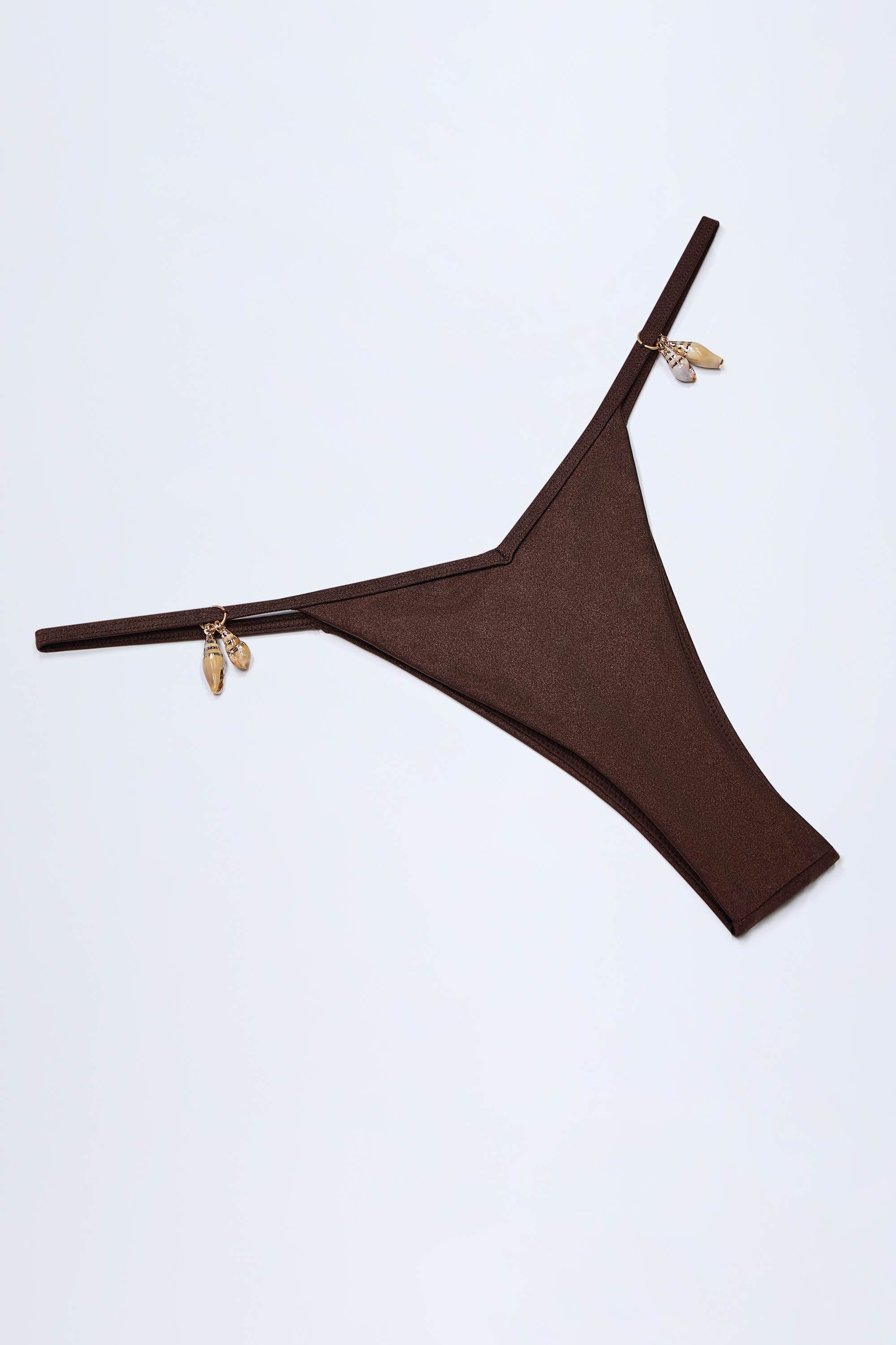 Charm-Detail Thong Bikini Bottoms in Dark Chocolate