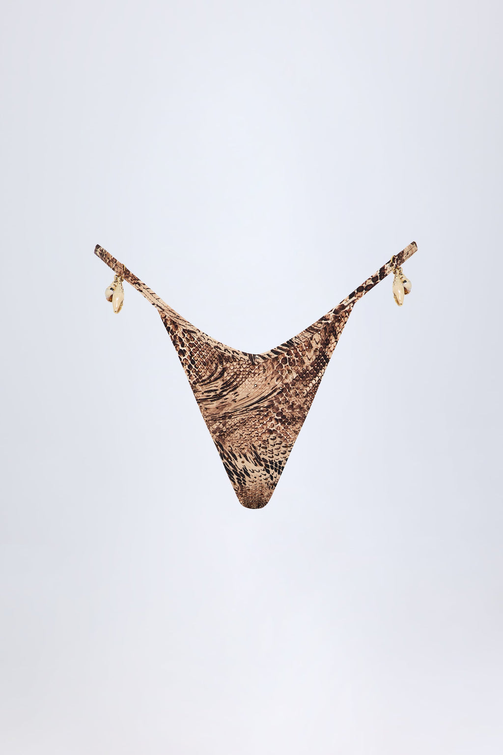 Charm-Detail Thong Bikini Bottoms in Snake Print