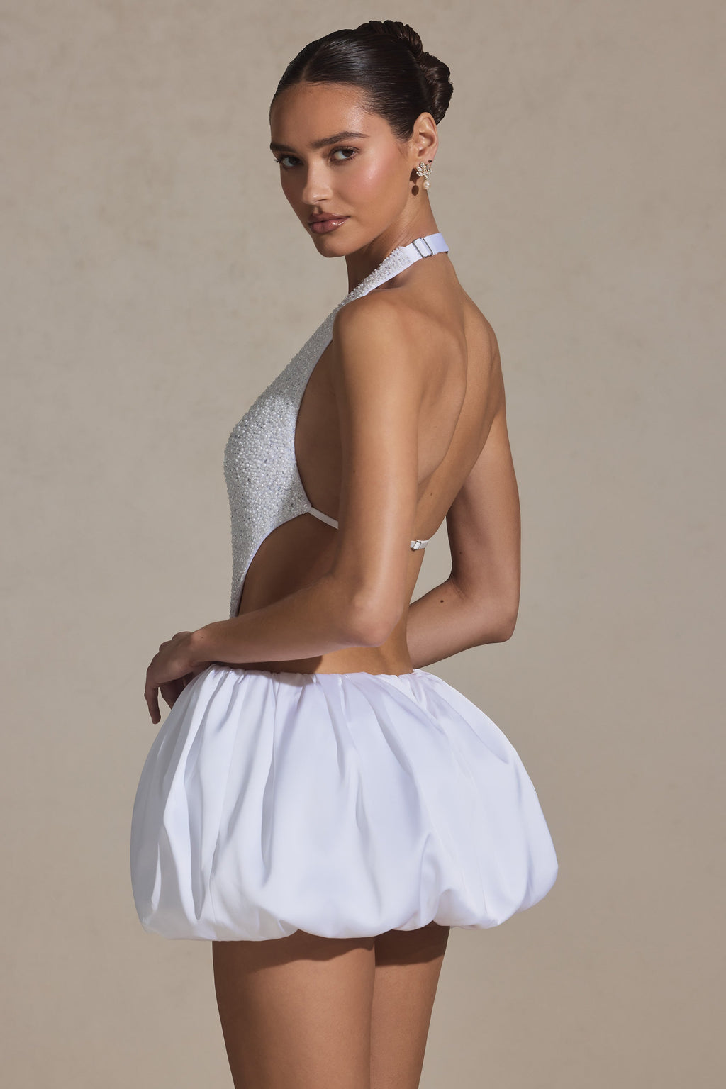 Embellished Cut-Out Bubble Hem Mini Dress in White