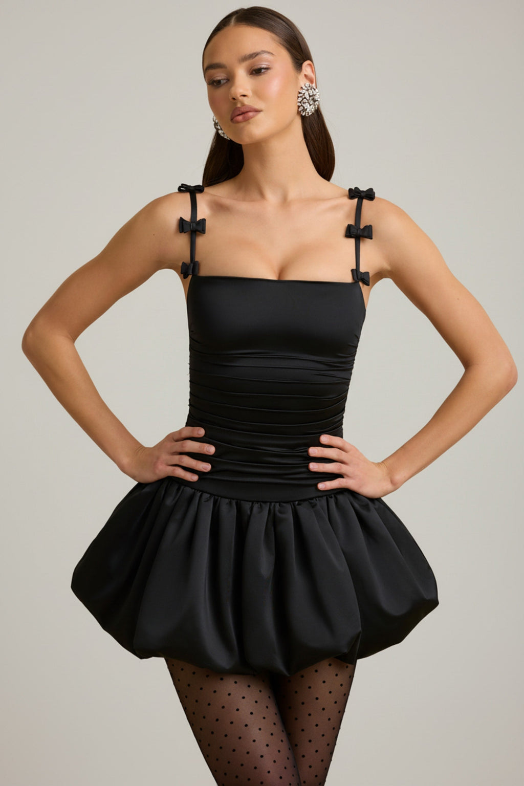 Bow-Detail Ruched Bubble Hem Mini Dress in Black