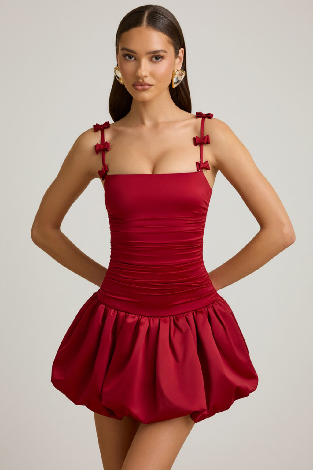 Bow-Detail Ruched Bubble Hem Mini Dress in True Red