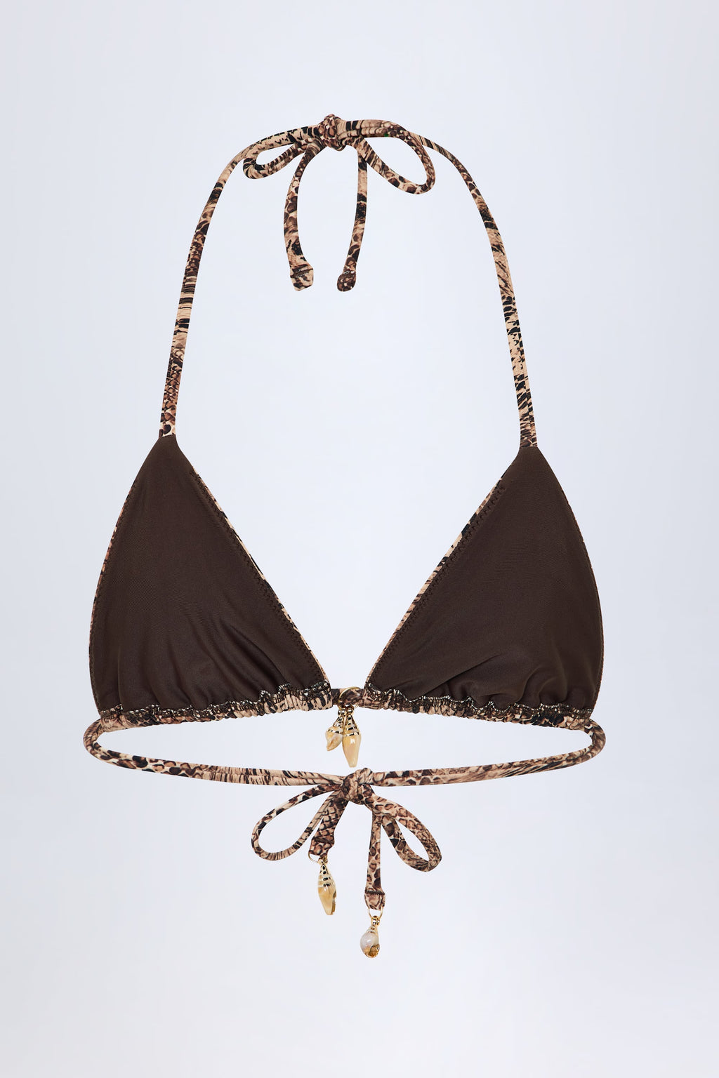 Charm-Detail Triangle Bikini Top in Snake Print