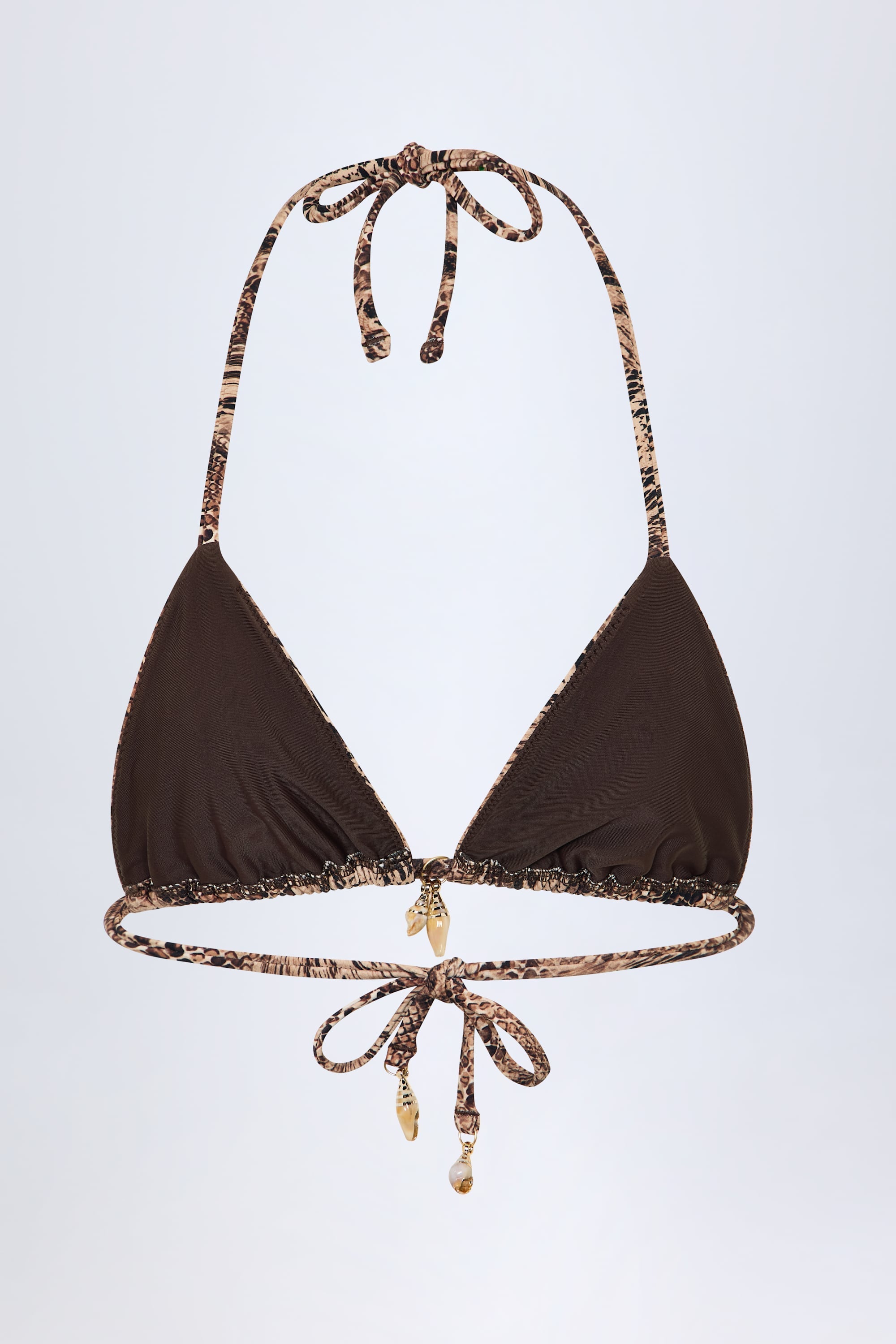 Charm-Detail Triangle Bikini Top in Snake Print