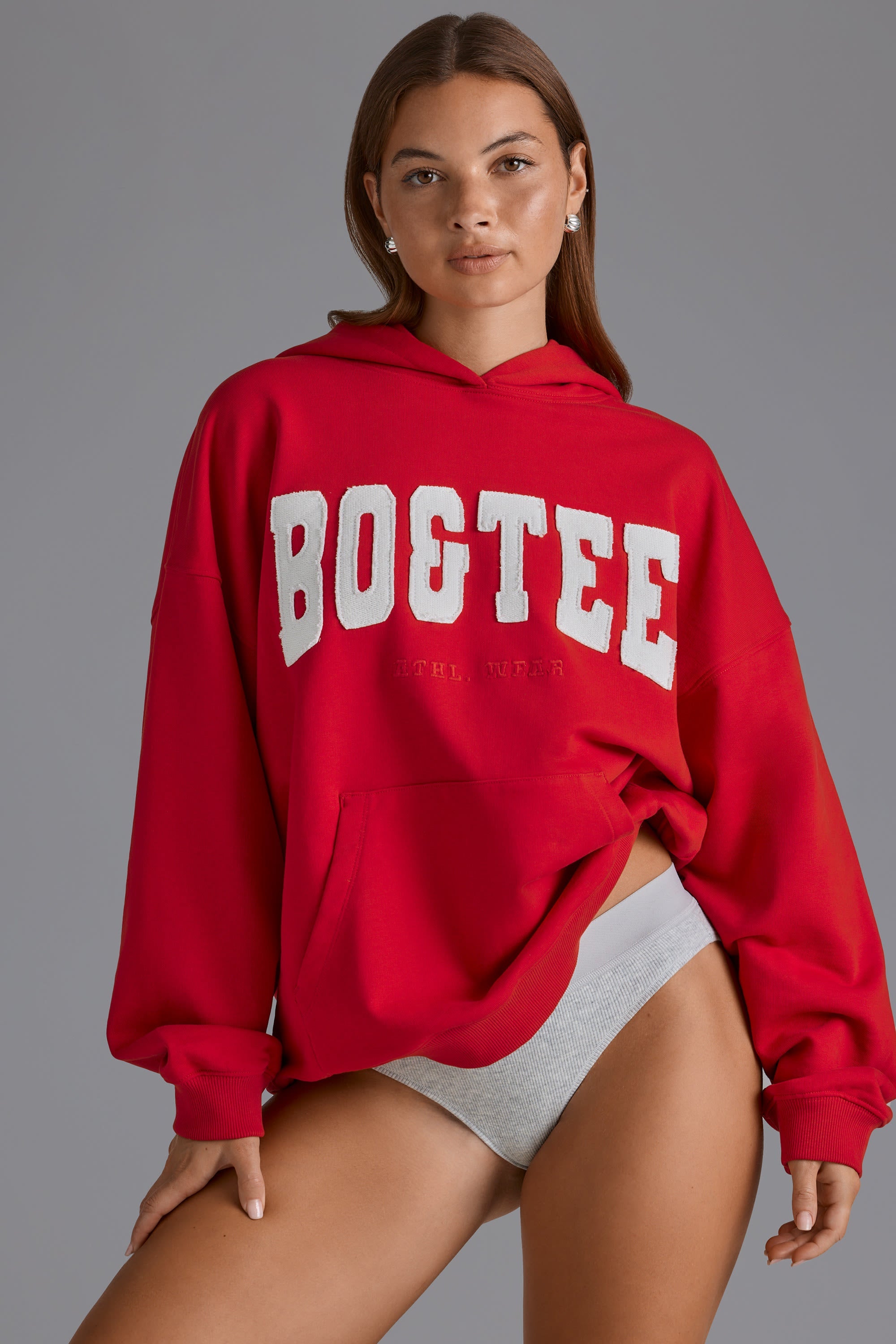 Cotton Fleece Appliqué Oversized Hoodie in Cherry Red