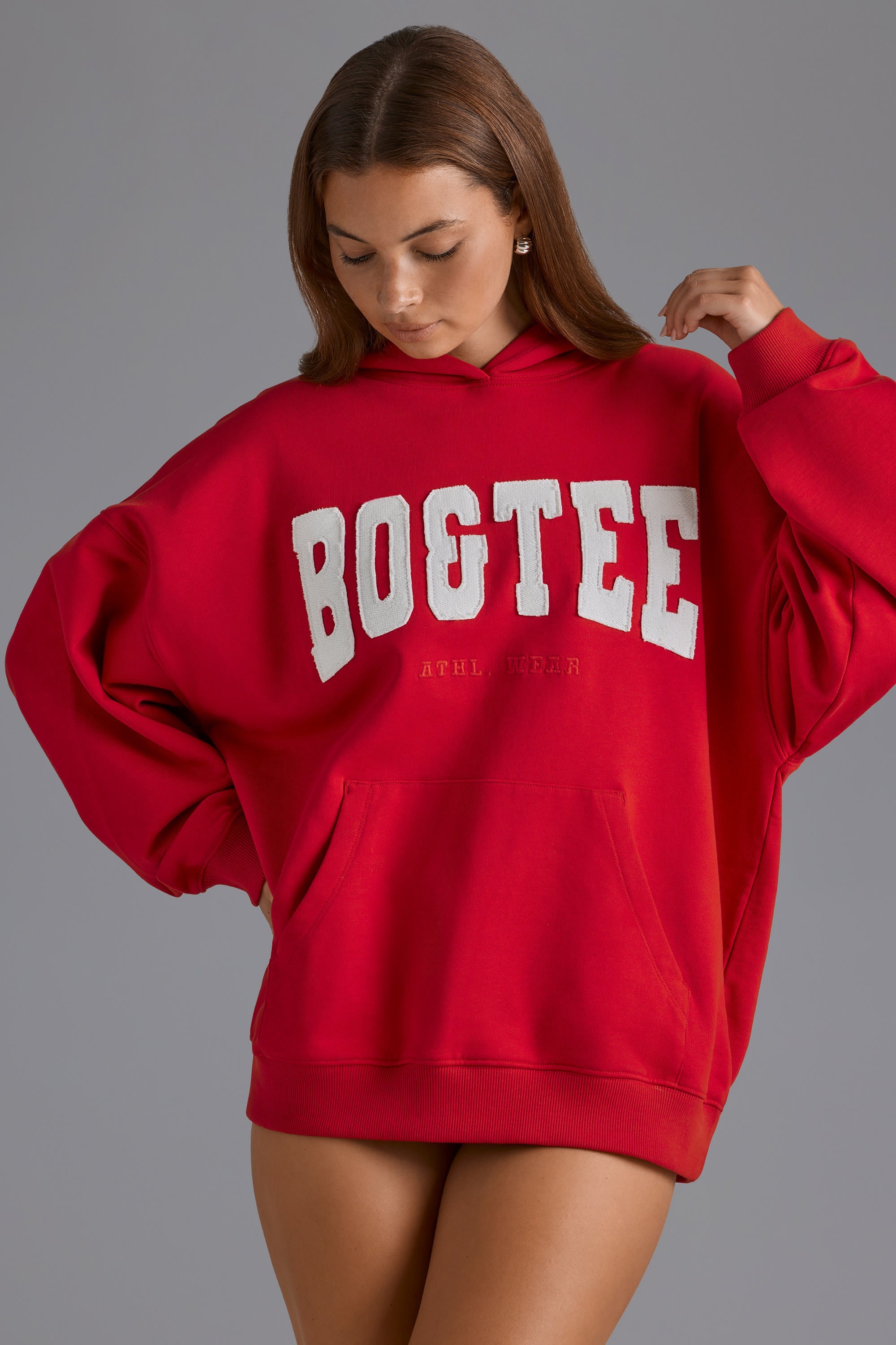 Cotton Fleece Appliqué Oversized Hoodie in Cherry Red