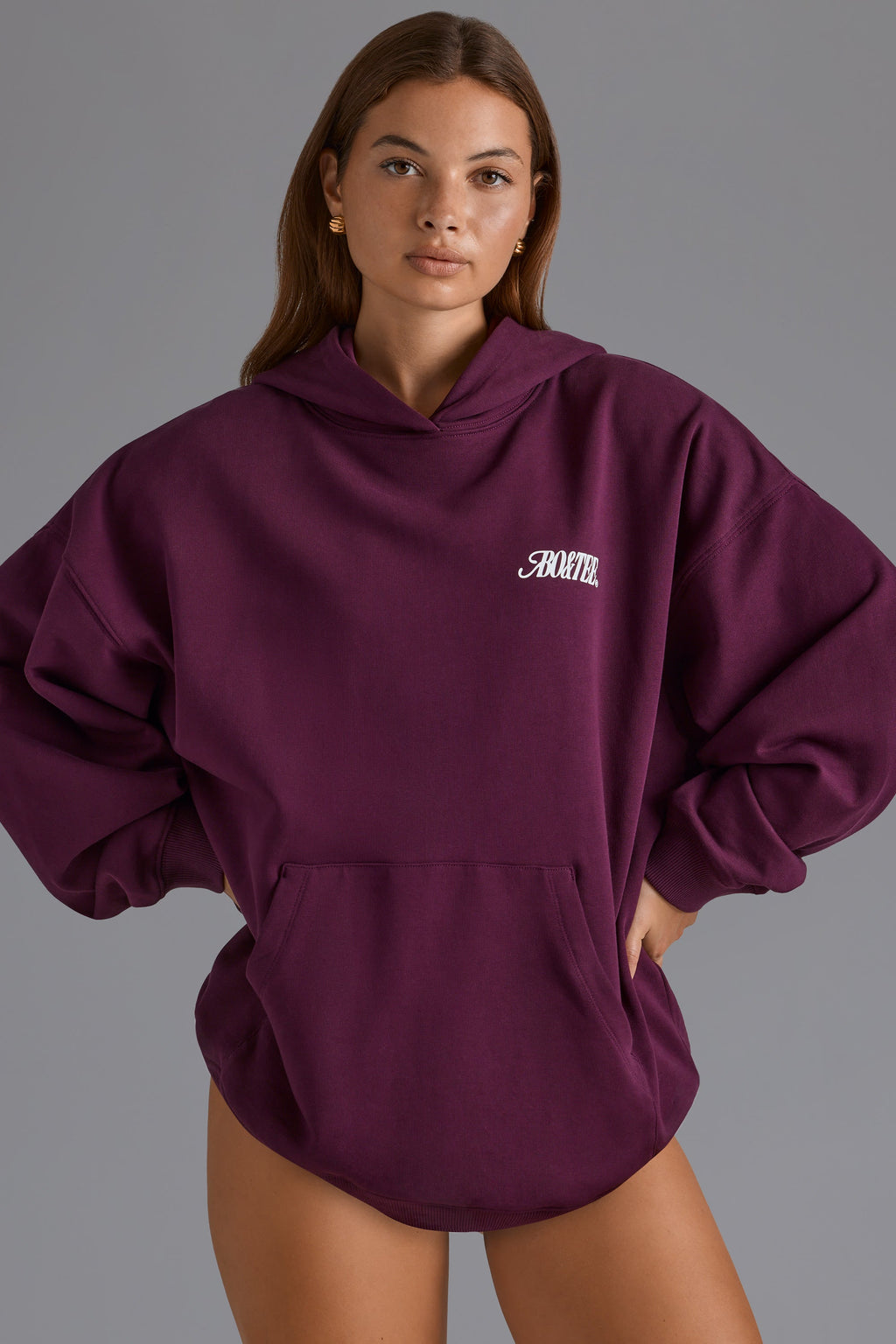Cotton Fleece Appliqué Oversized Hoodie in Grape
